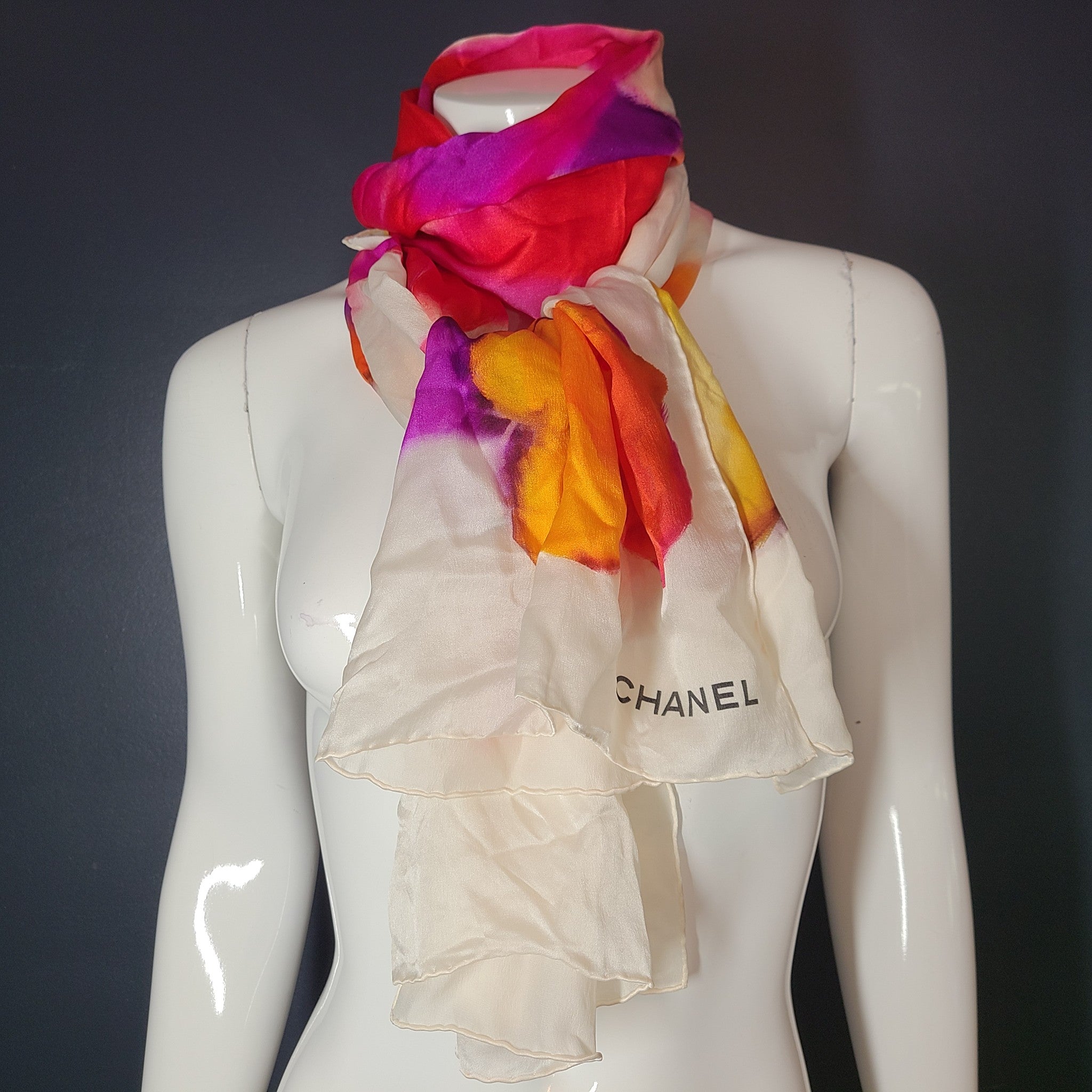 Chanel CC XL Silk Scarf in Watercolor Camellia Print 69" x 26"