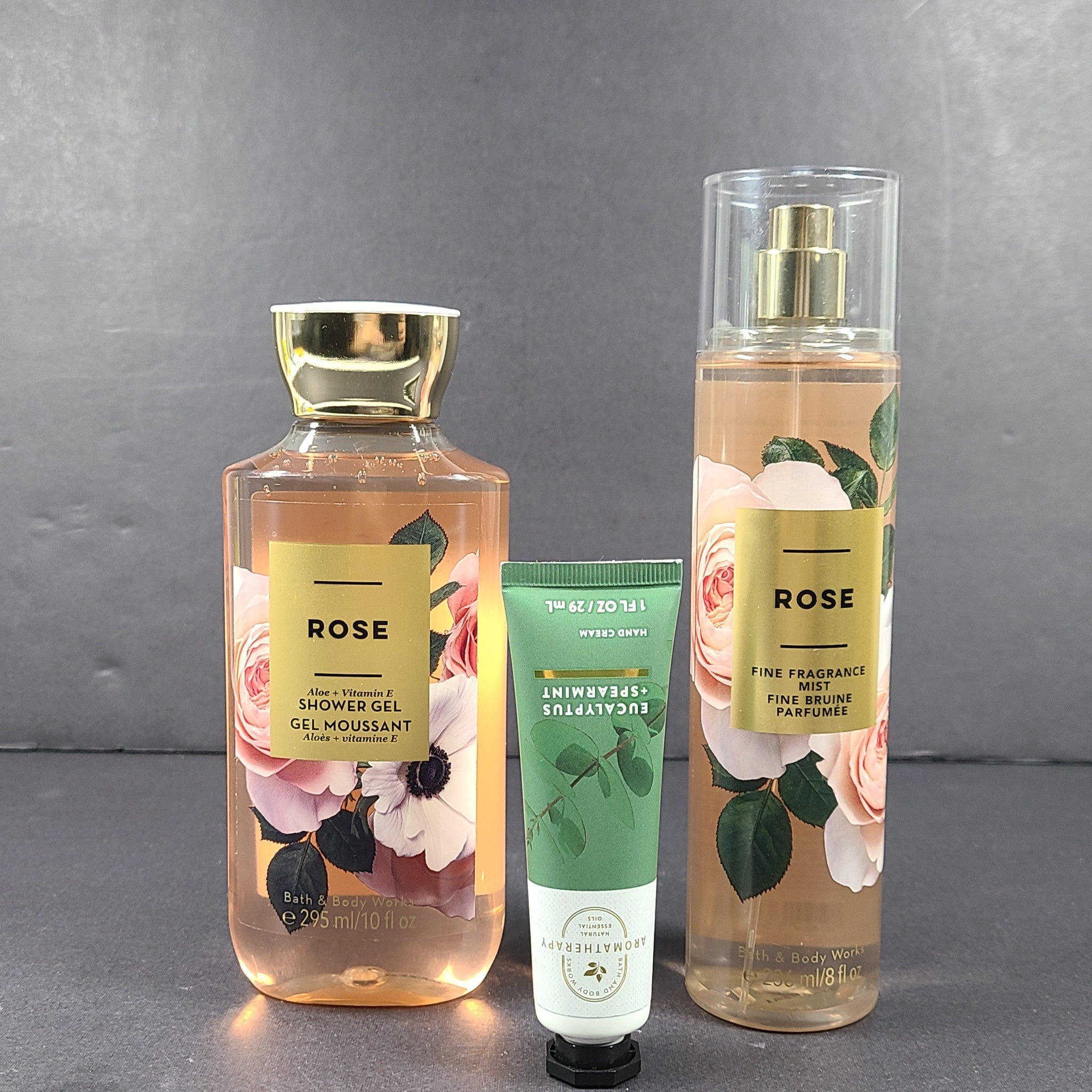 3 Pc Bath Body Works Eucalyptus Hand Cream+ Rose Shower Gel + Fragrance Mist