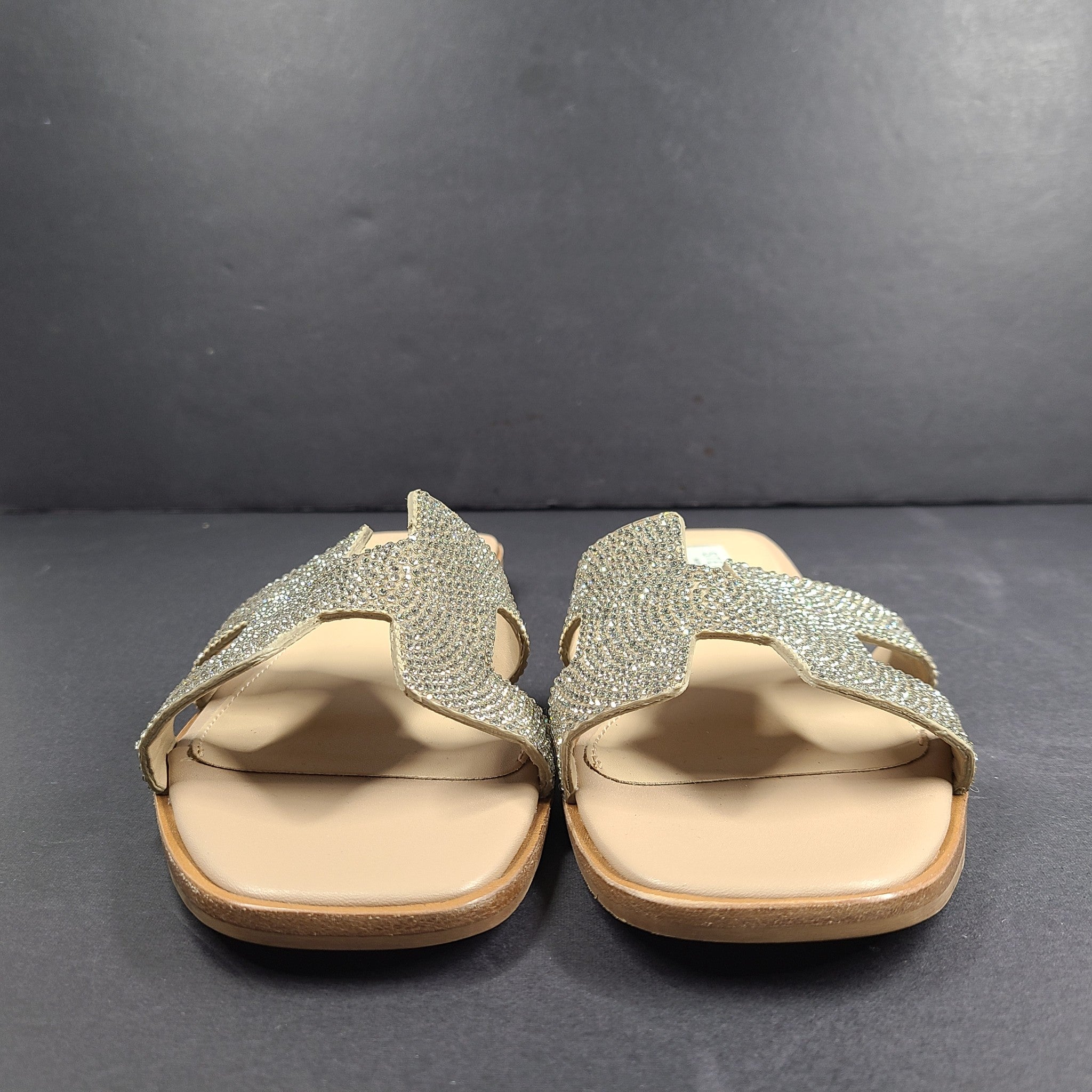 Steve Madden Hadyn-R Silver Rhinestone Slide Square Toe Sandals US 7M