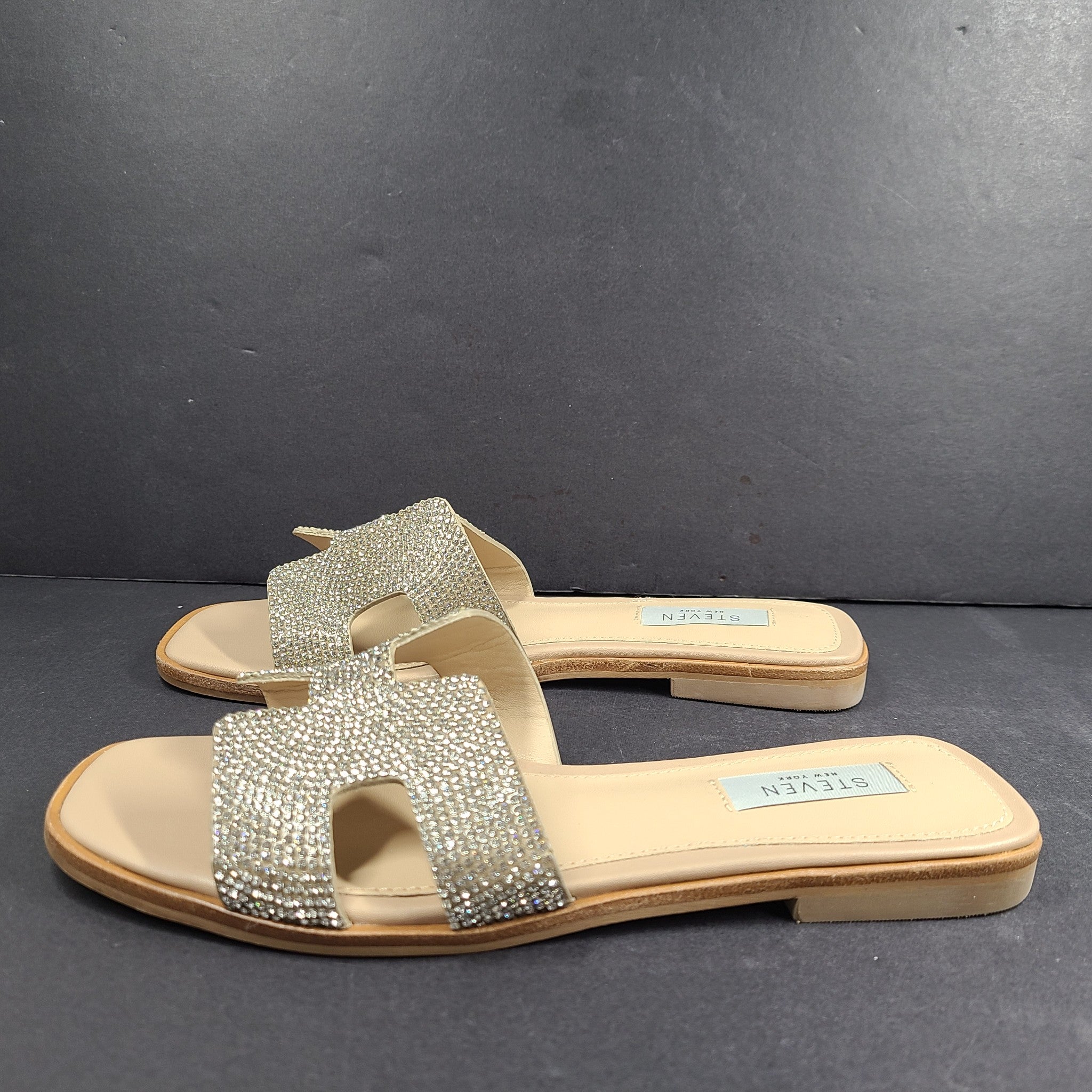 Steve Madden Hadyn-R Silver Rhinestone Slide Square Toe Sandals US 7M
