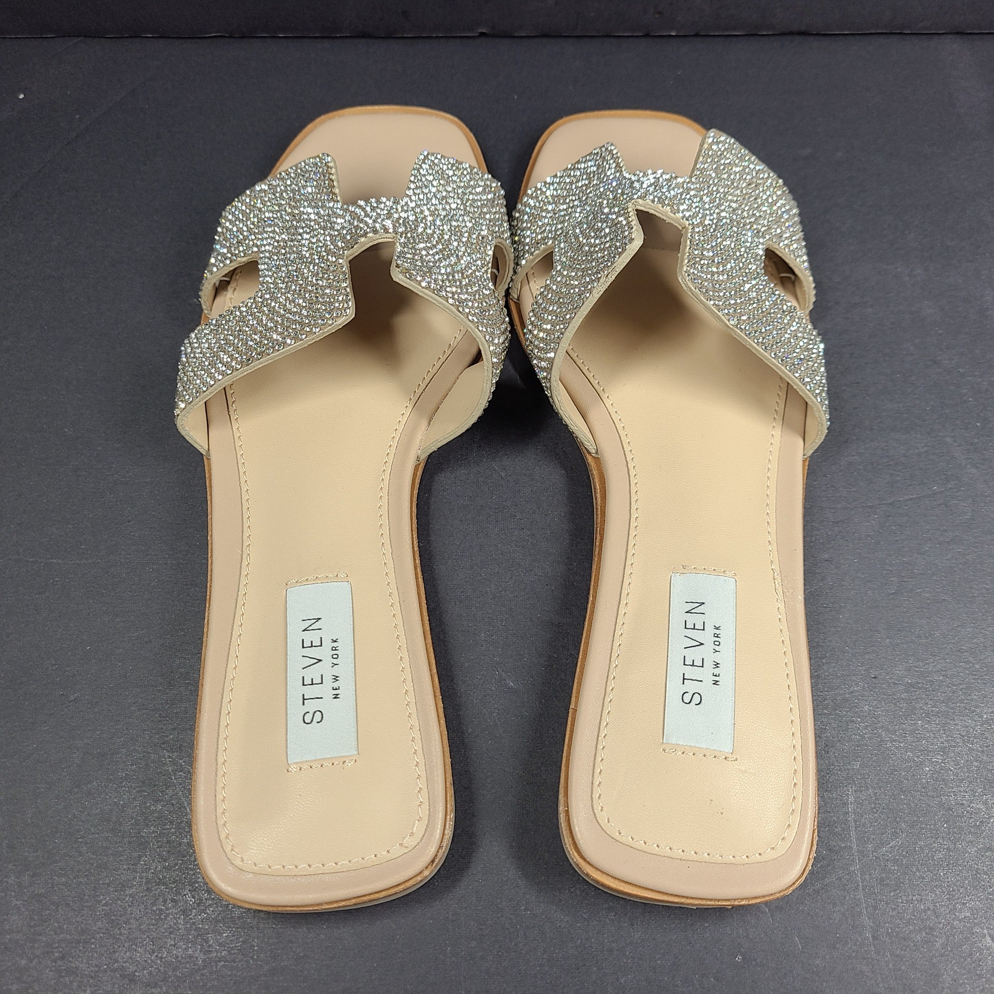 Steve Madden Hadyn-R Silver Rhinestone Slide Square Toe Sandals US 7M