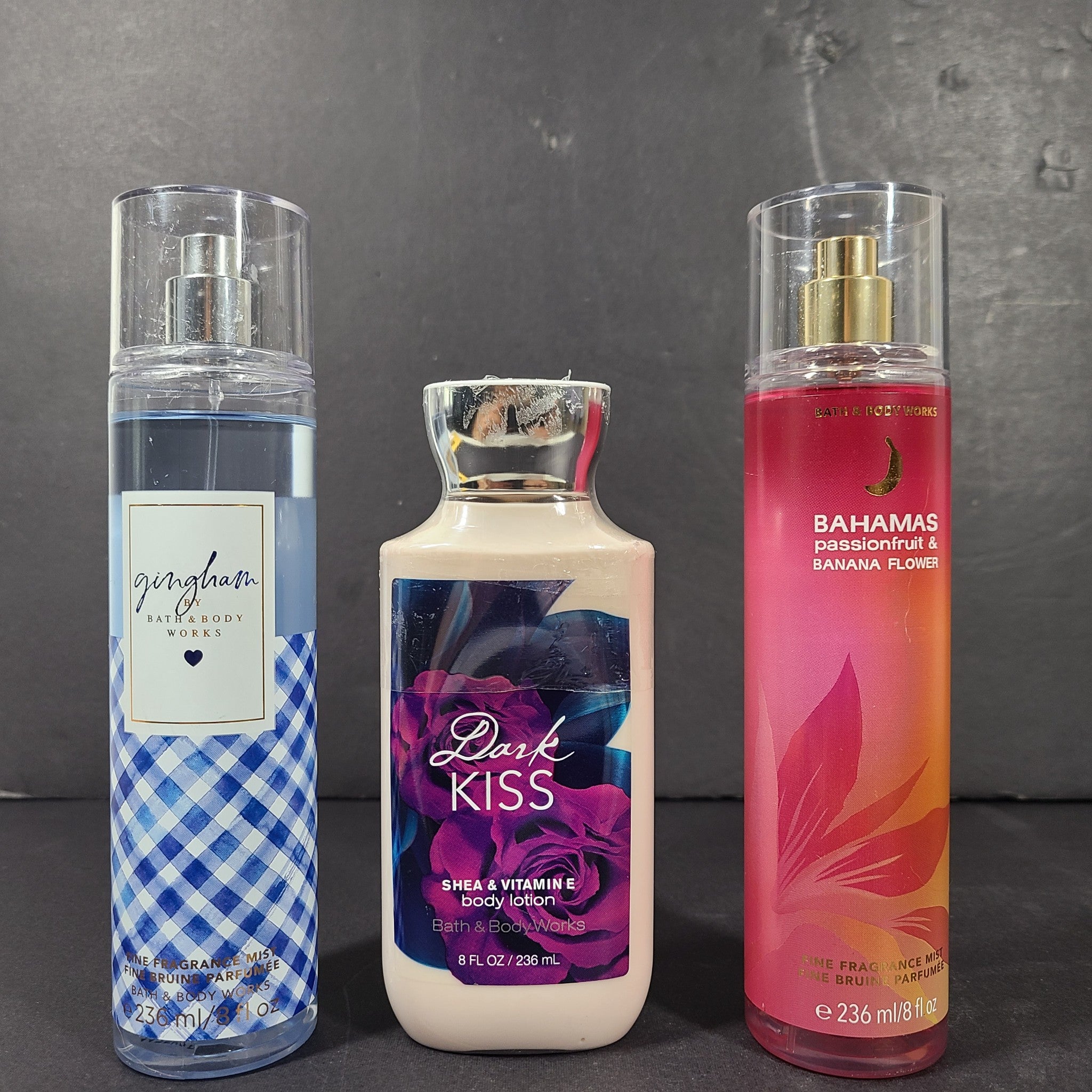 3 x 8 oz Bath Body Works 2 x Fragrance Mist + Lotion Gingham Bahamas Dark Kiss