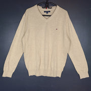 Tommy Hilfiger Men's Flag Logo V-Neck Sweater LS Shirt 78J8323 Beige Tan Sz L