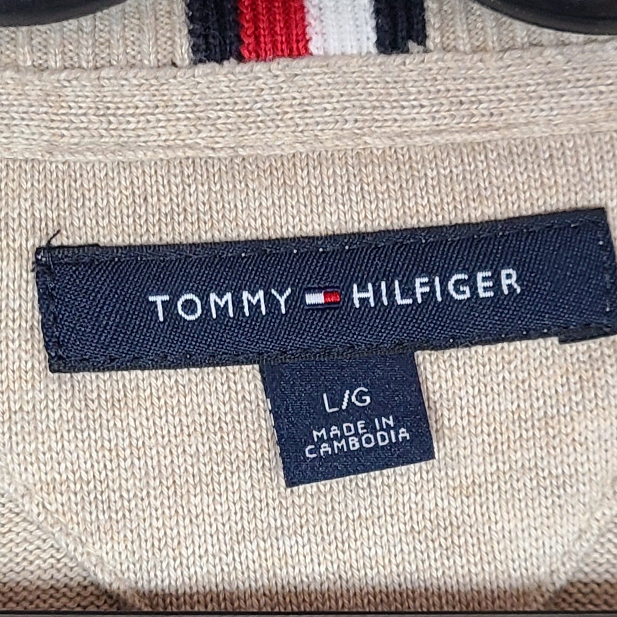 Tommy Hilfiger Men's Flag Logo V-Neck Sweater LS Shirt 78J8323 Beige Tan Sz L