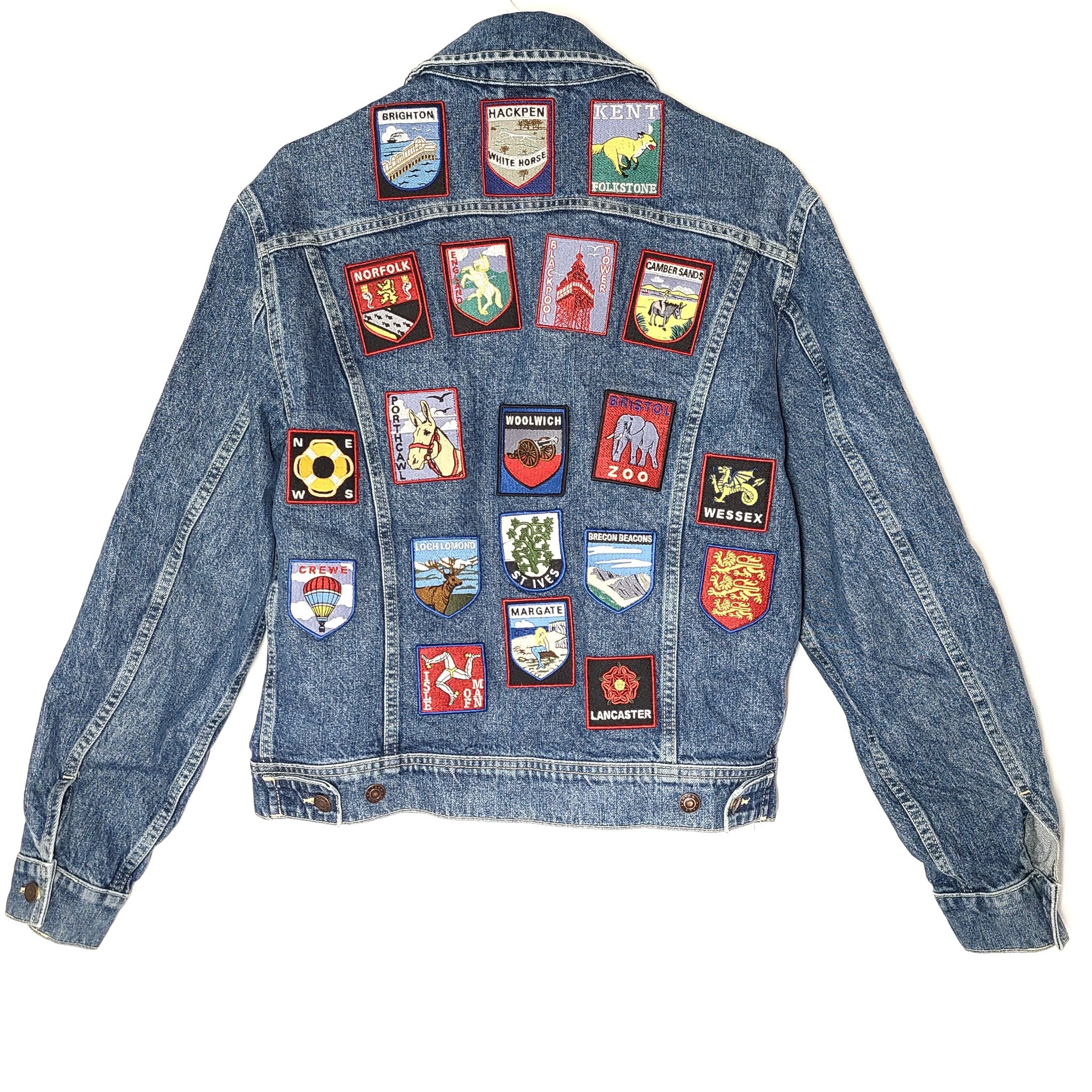 Topman Men's Denim Jacket UK GB Patches Cotton Button Closure Blue Sz S