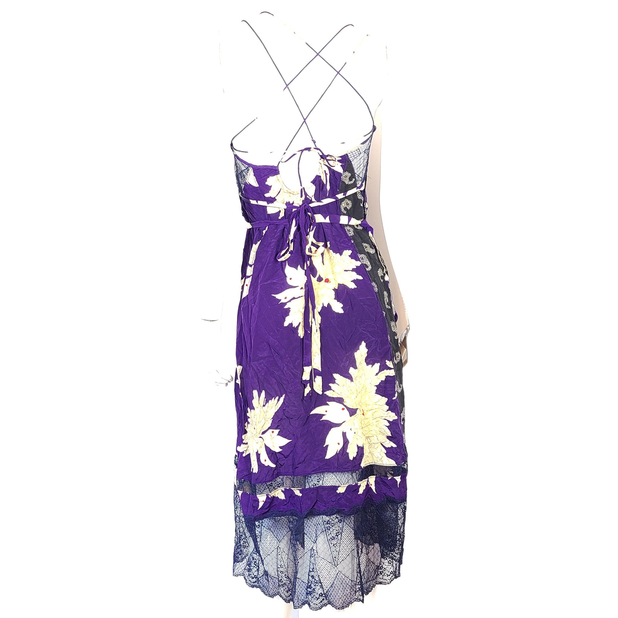 Zadig & Voltaire Women's Roses Blossom Silk Dress Lace Trim Purple/Beige Sz XS