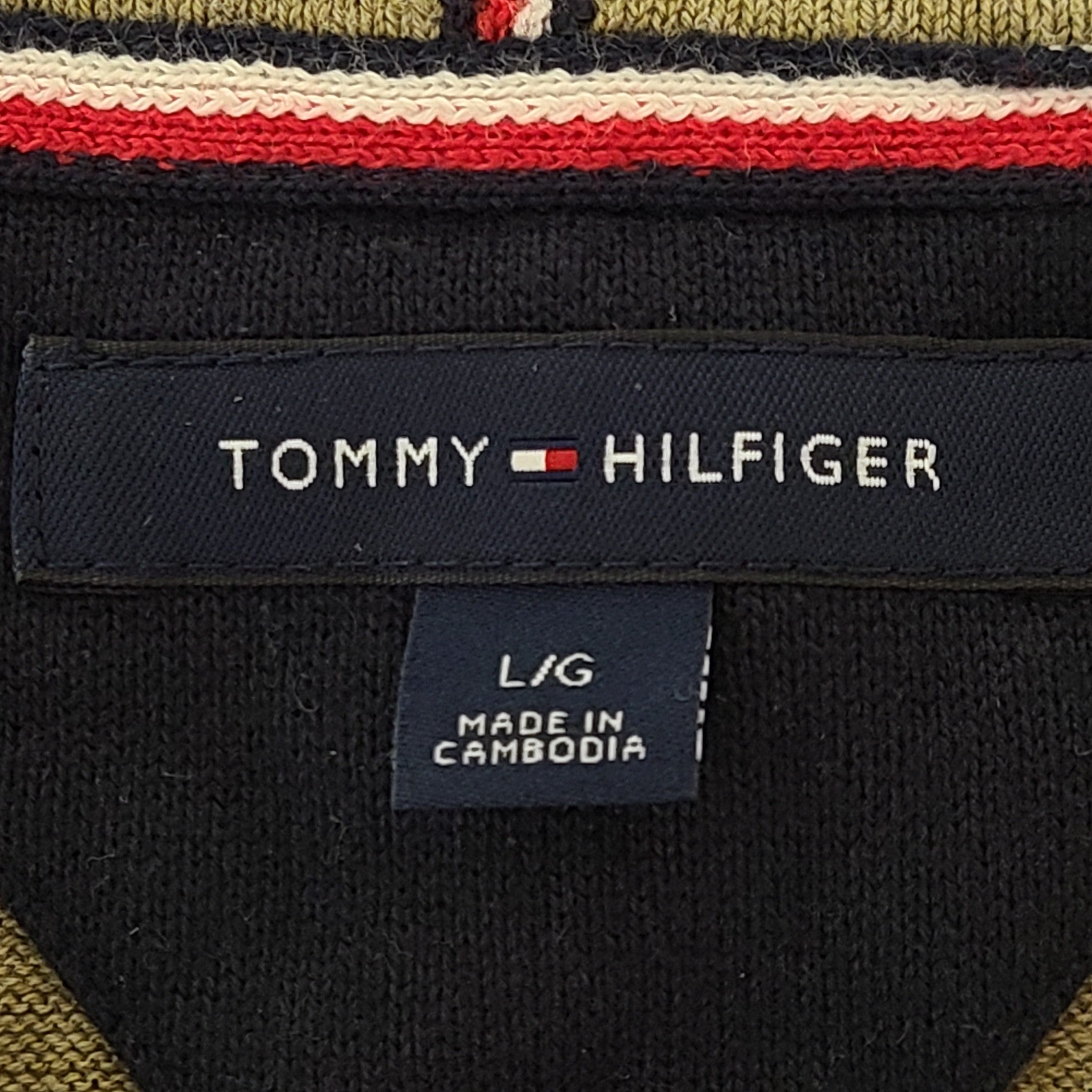 Tommy Hilfiger Men's Striped Sweater 100% Knit Cotton Green Navy Sz L