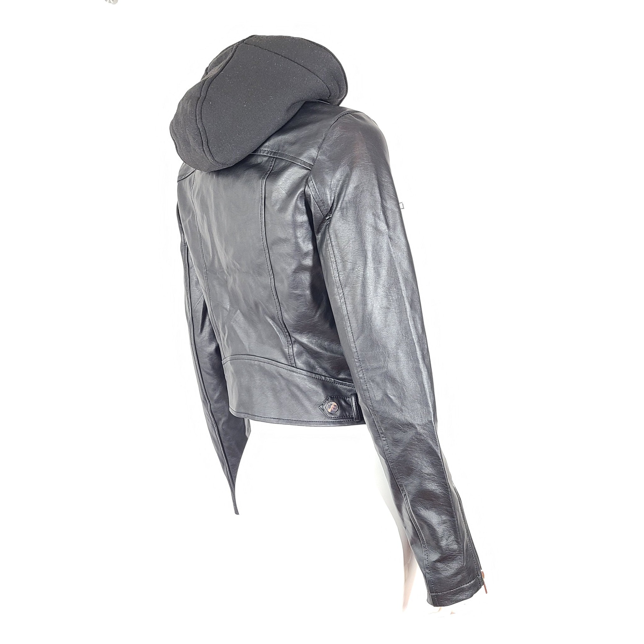 Guess Women's Ceci Faux-Leather Moto Jacket Hooded Black Sz S