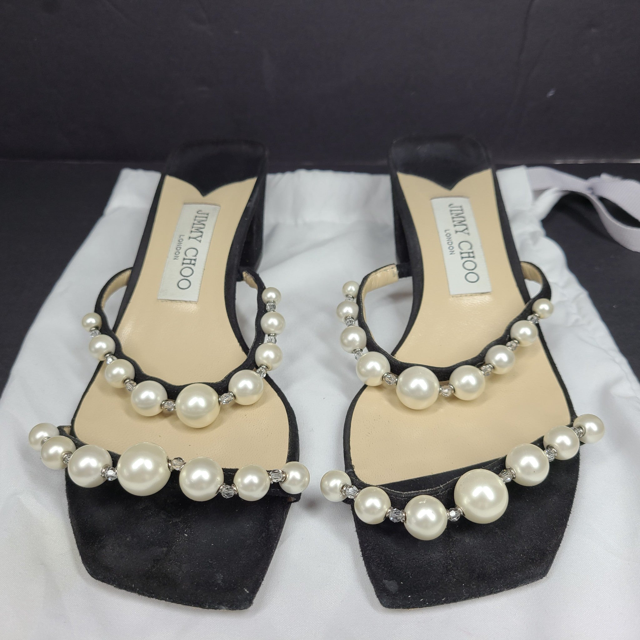 Jimmy Choo Amara 45 Suede Mules Pearl Embellishment Block Heel Italy Black Sz 6