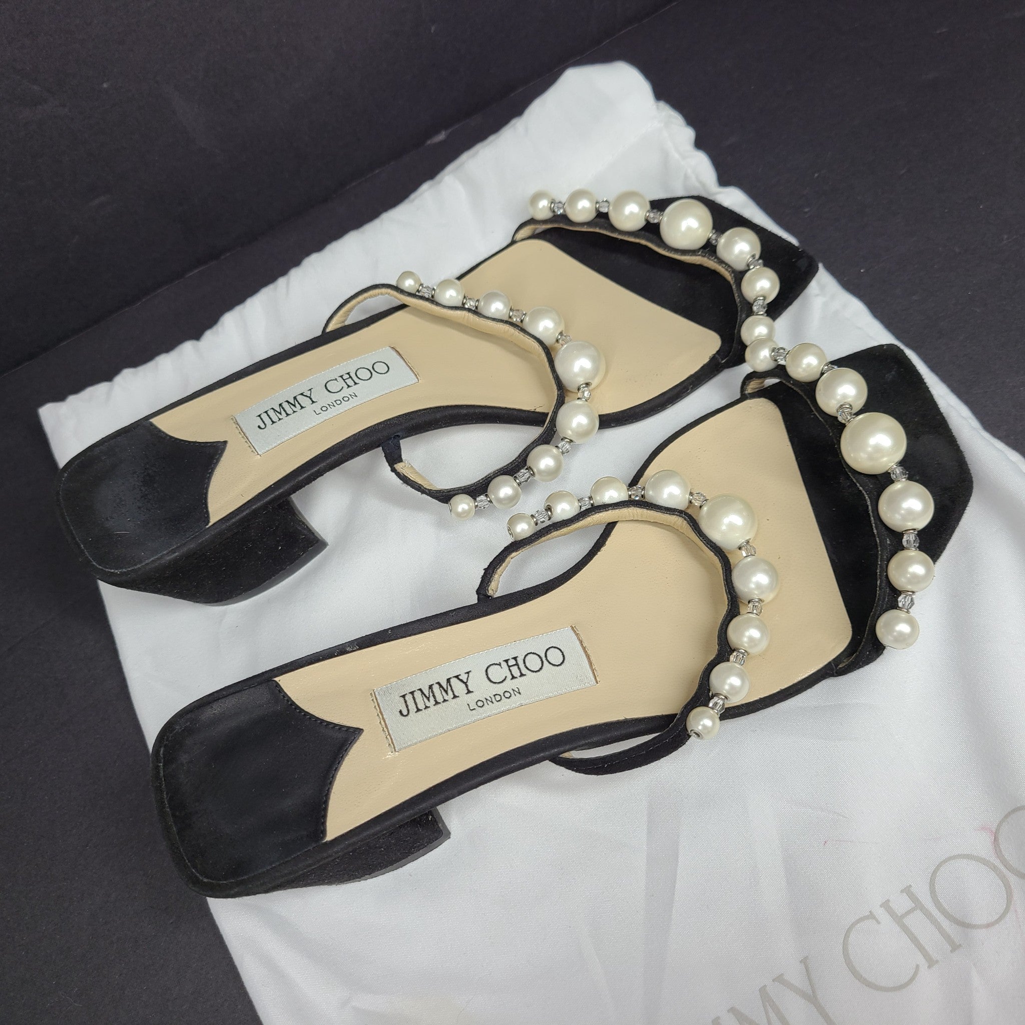 Jimmy Choo Amara 45 Suede Mules Pearl Embellishment Block Heel Italy Black Sz 6