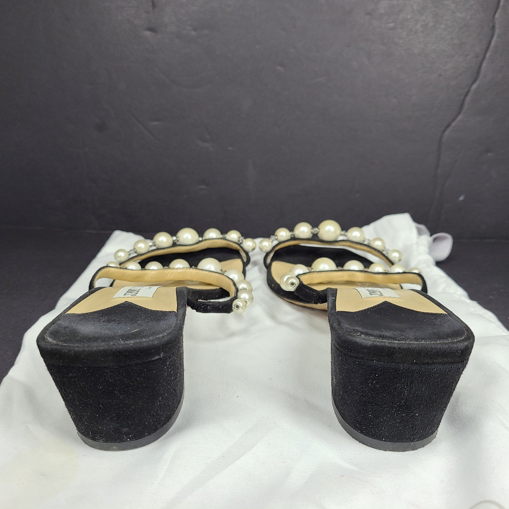 Jimmy Choo Amara 45 Suede Mules Pearl Embellishment Block Heel Italy Black Sz 6