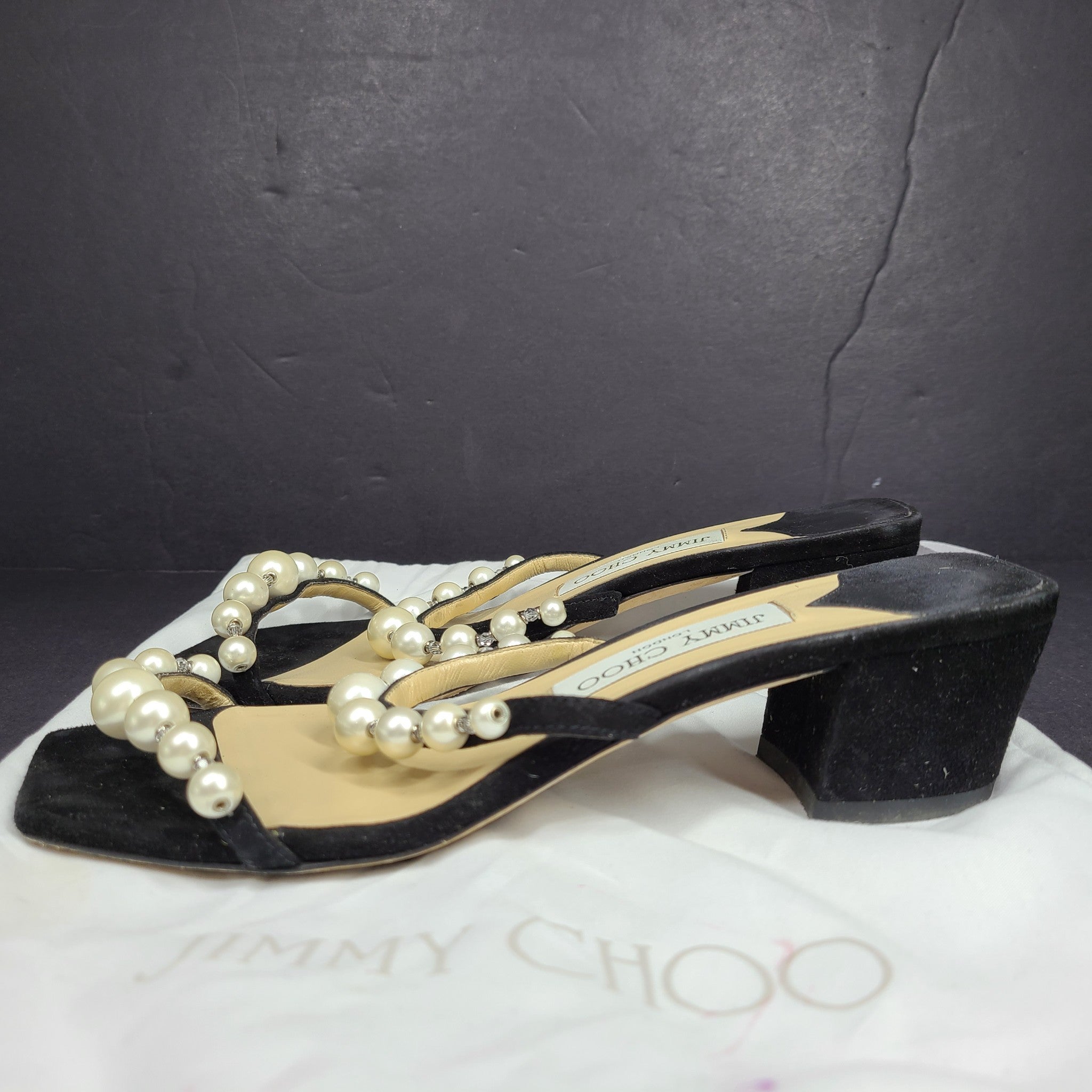 Jimmy Choo Amara 45 Suede Mules Pearl Embellishment Block Heel Italy Black Sz 6