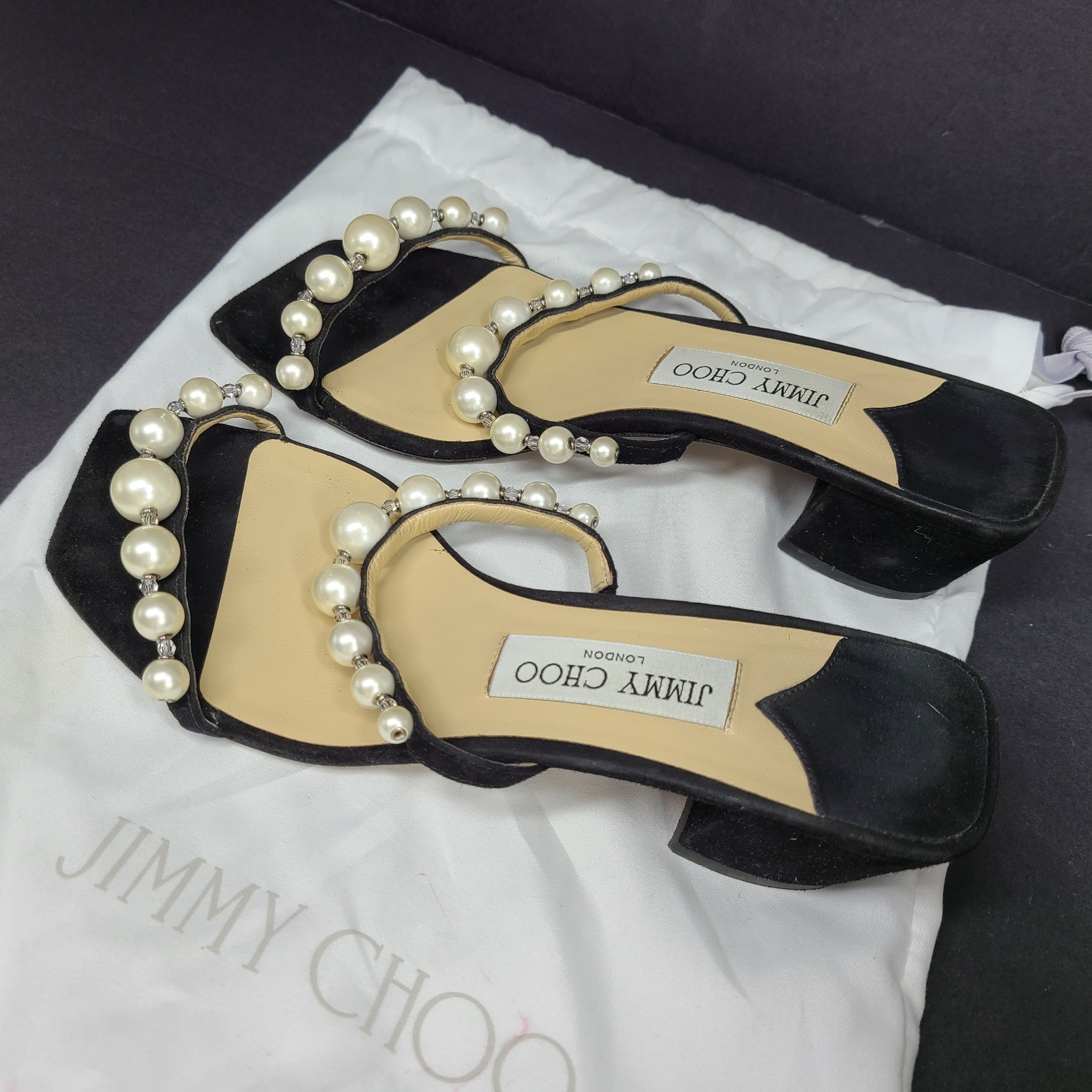 Jimmy Choo Amara 45 Suede Mules Pearl Embellishment Block Heel Italy Black Sz 6