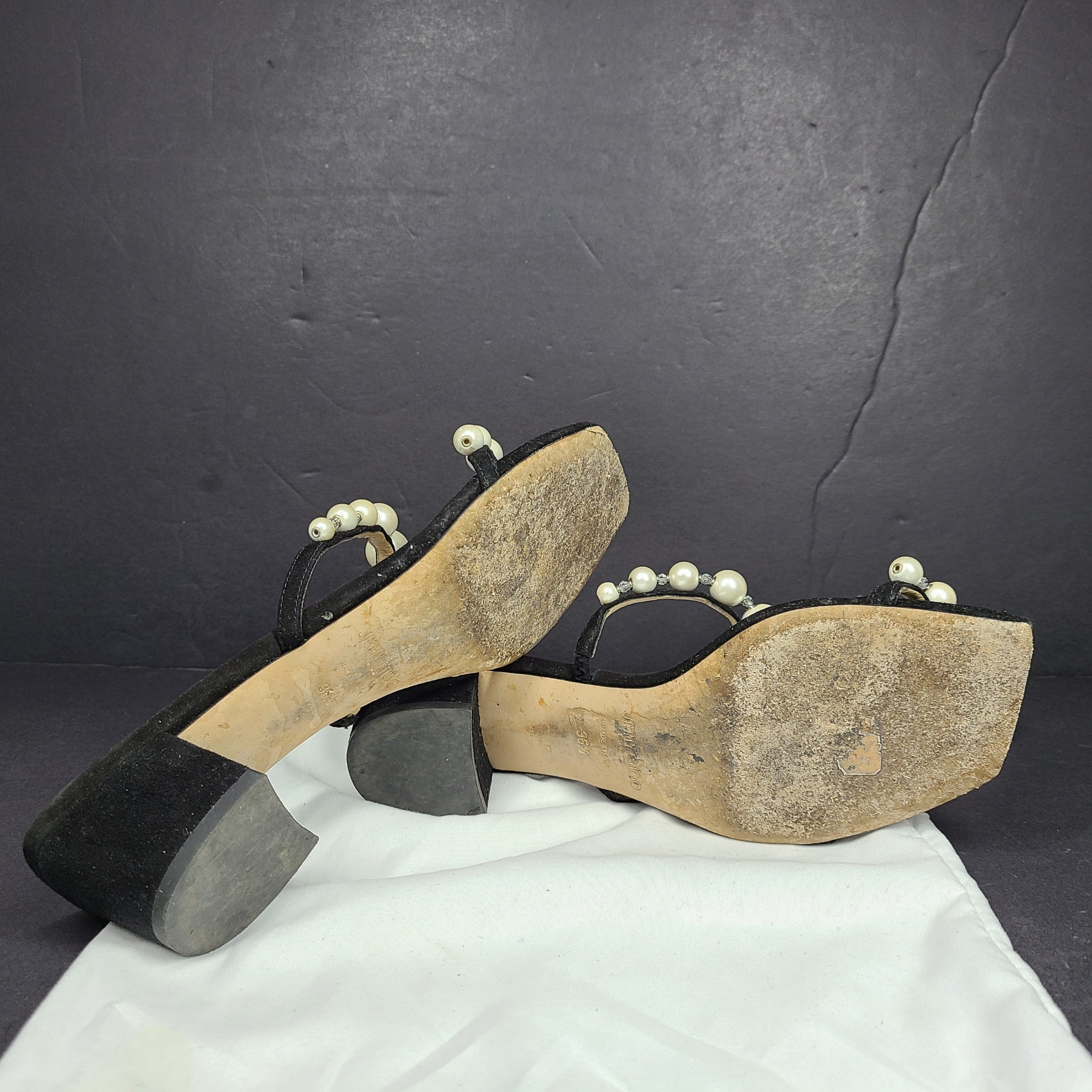 Jimmy Choo Amara 45 Suede Mules Pearl Embellishment Block Heel Italy Black Sz 6