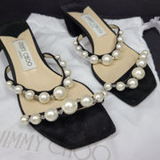 Jimmy Choo Amara 45 Suede Mules Pearl Embellishment Block Heel Italy Black Sz 6