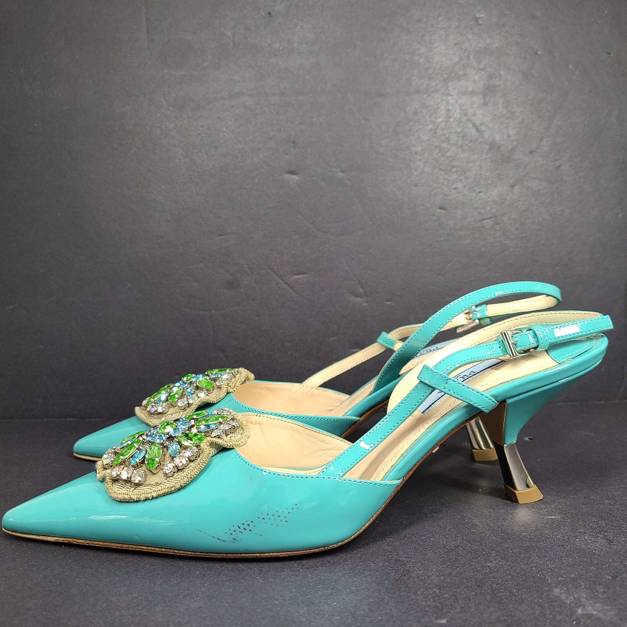 Prada Women's Slingback Pumps 1I016G Shoes Crystal Embelished Turquoise Sz 9