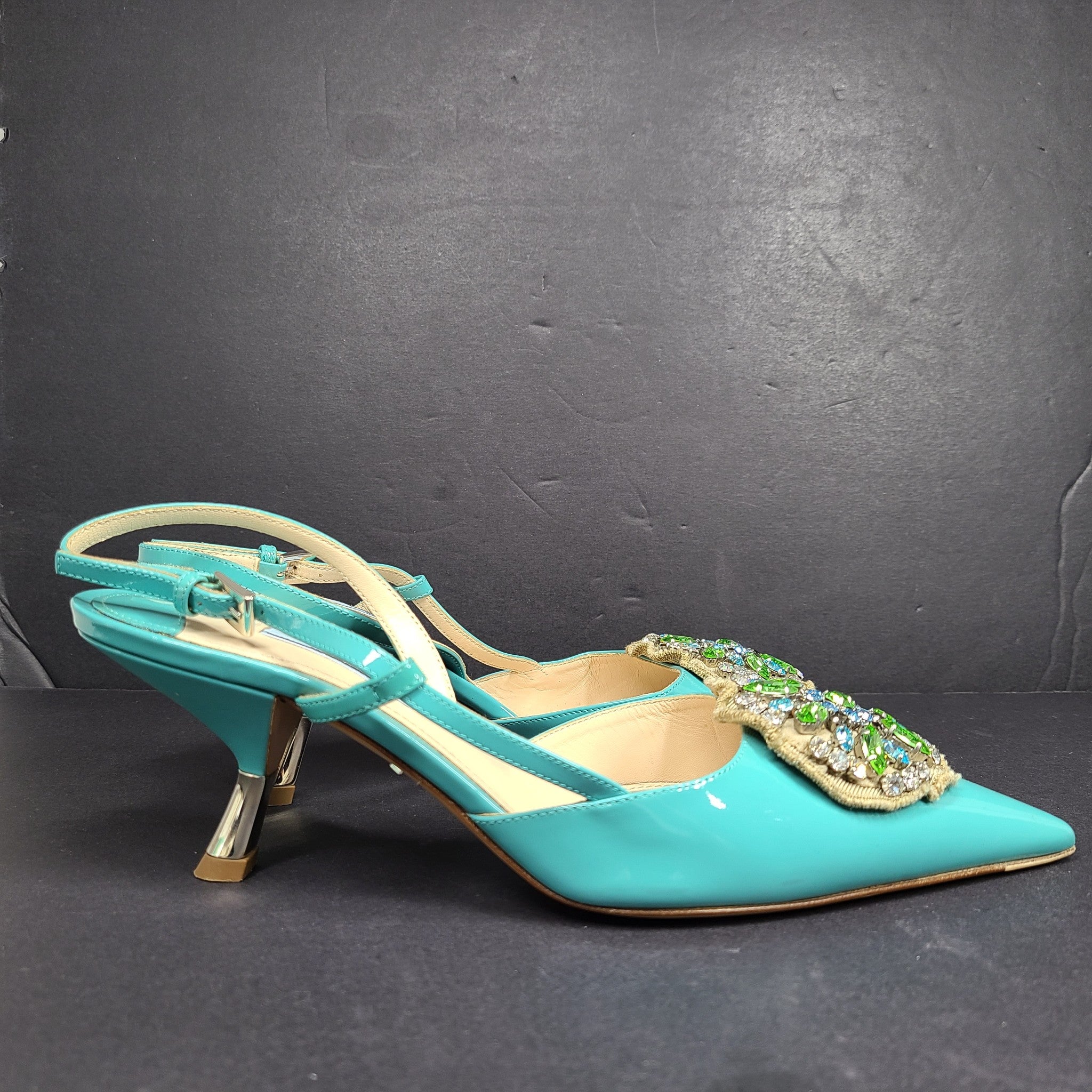 Prada Women's Slingback Pumps 1I016G Shoes Crystal Embelished Turquoise Sz 9