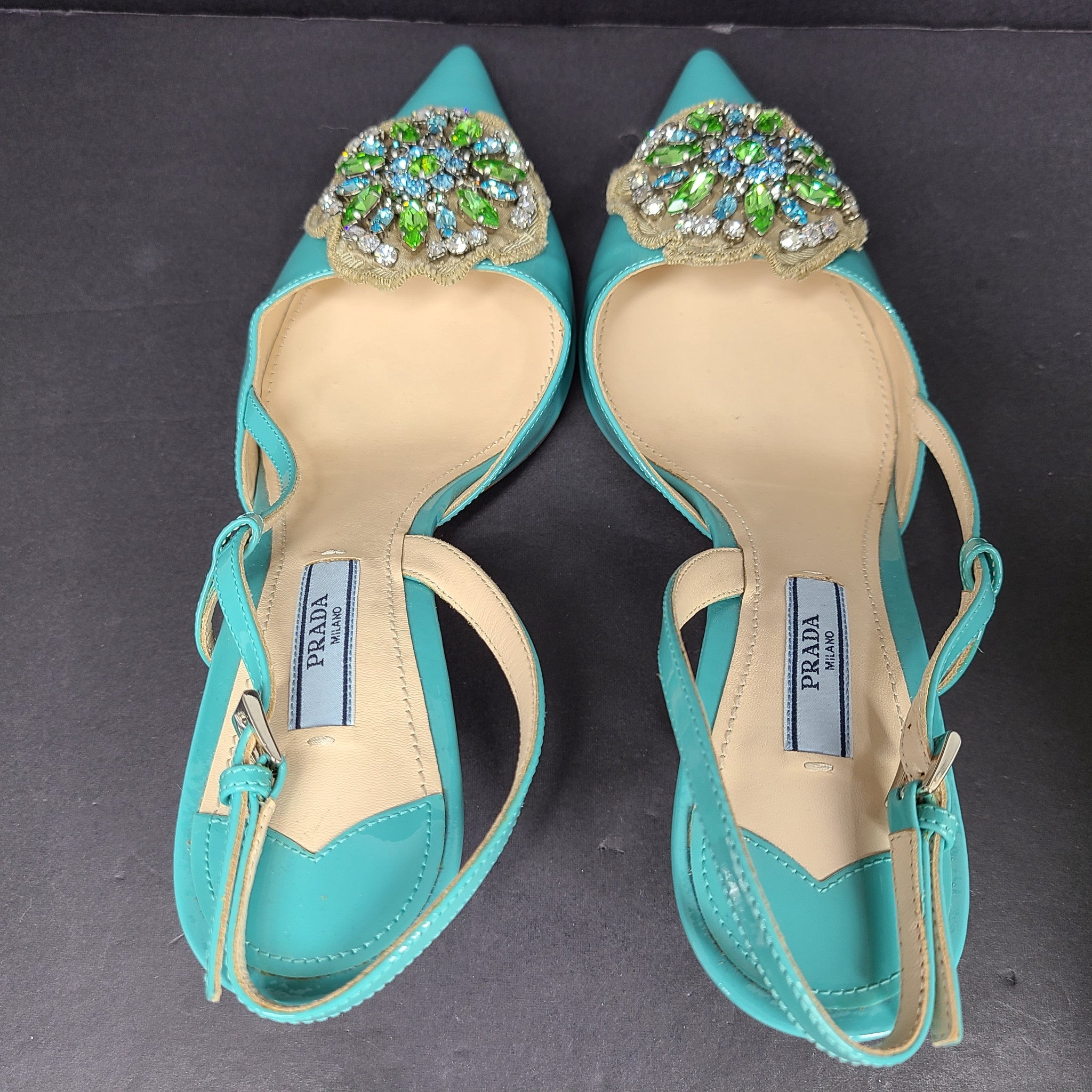 Prada Women's Slingback Pumps 1I016G Shoes Crystal Embelished Turquoise Sz 9