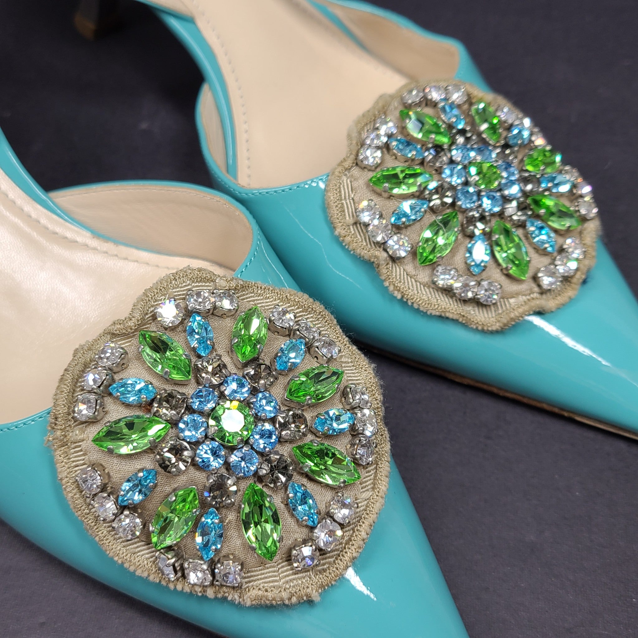 Prada Women's Slingback Pumps 1I016G Shoes Crystal Embelished Turquoise Sz 9