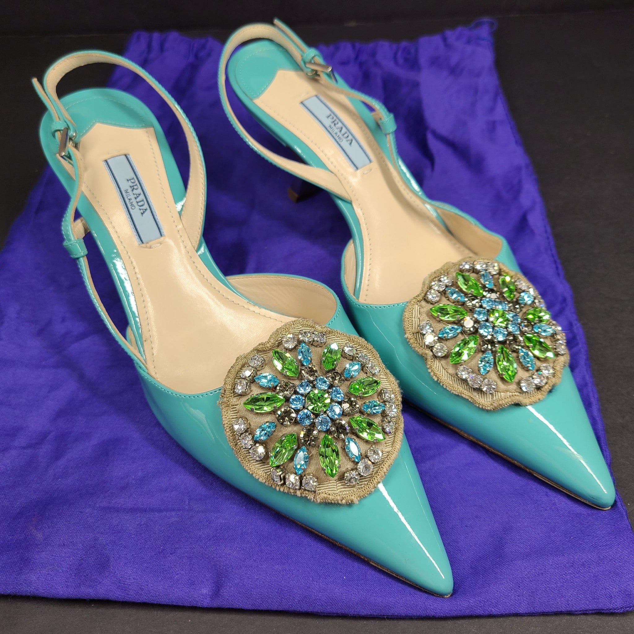Prada Women's Slingback Pumps 1I016G Shoes Crystal Embelished Turquoise Sz 9