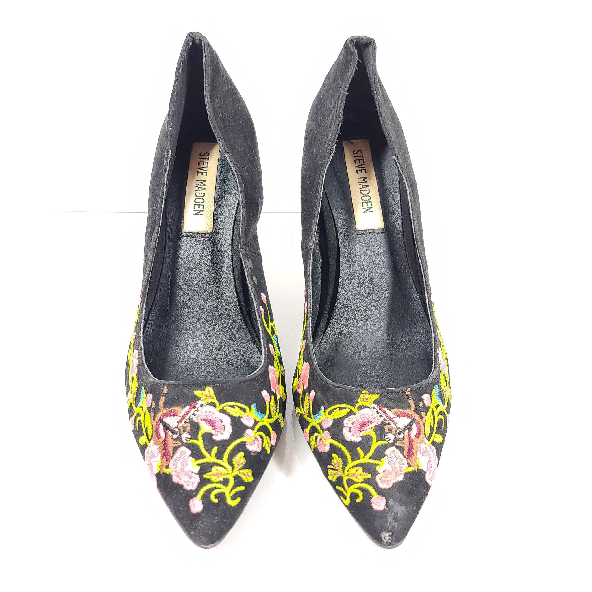 Steve Madden Embroidered Toe High Heel Shoes Faux Suede Stiletto Pumps Black 9