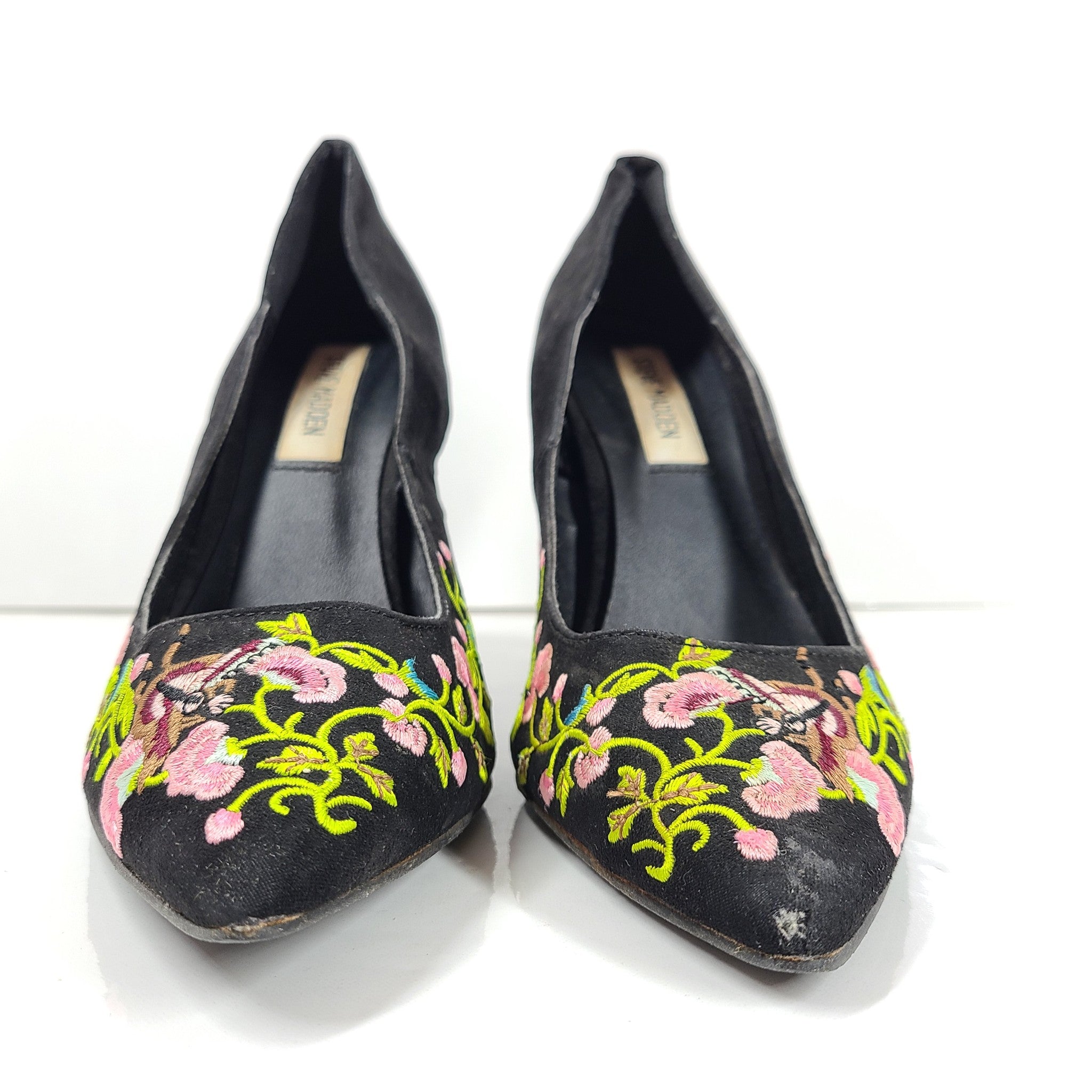 Steve Madden Embroidered Toe High Heel Shoes Faux Suede Stiletto Pumps Black 9