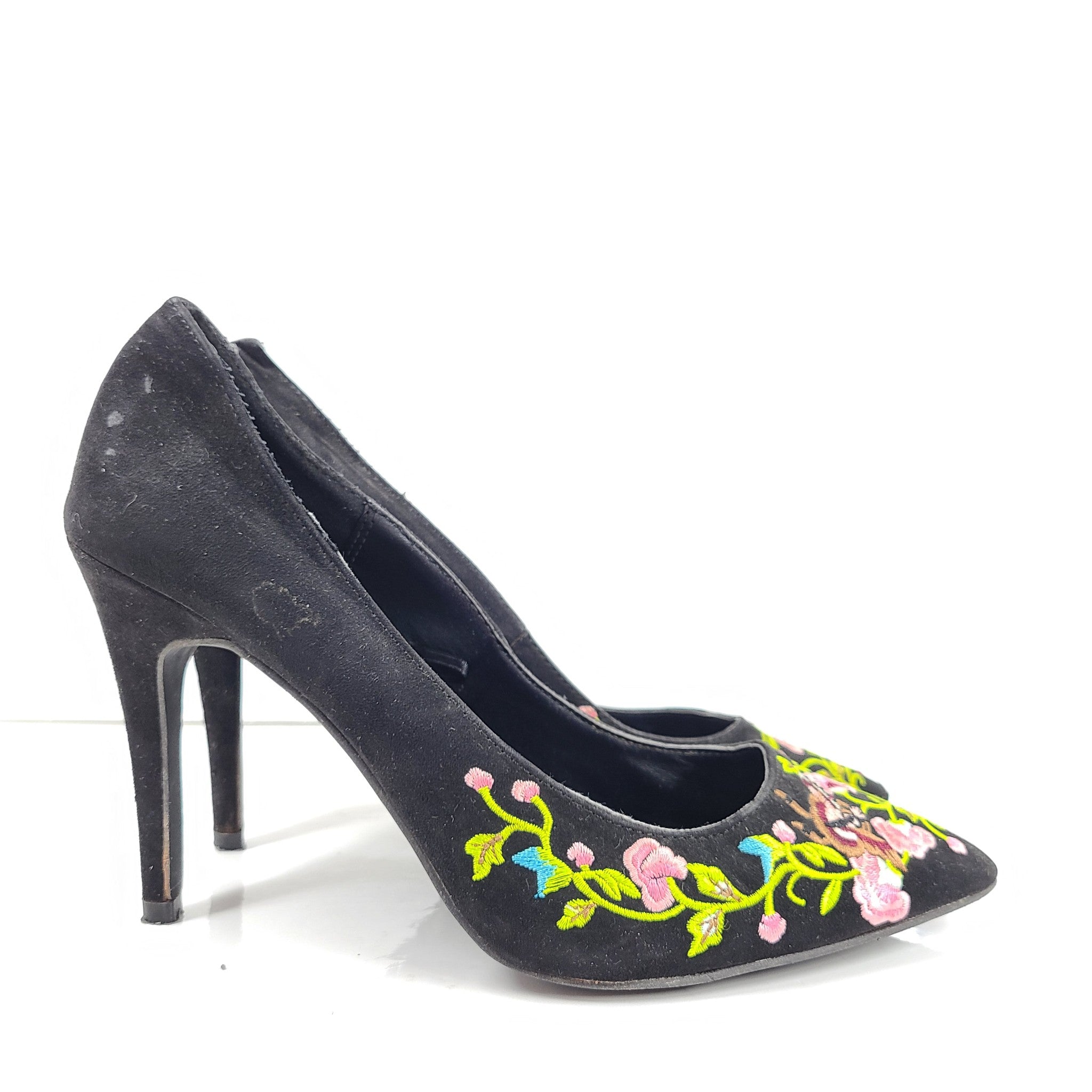 Steve Madden Embroidered Toe High Heel Shoes Faux Suede Stiletto Pumps Black 9