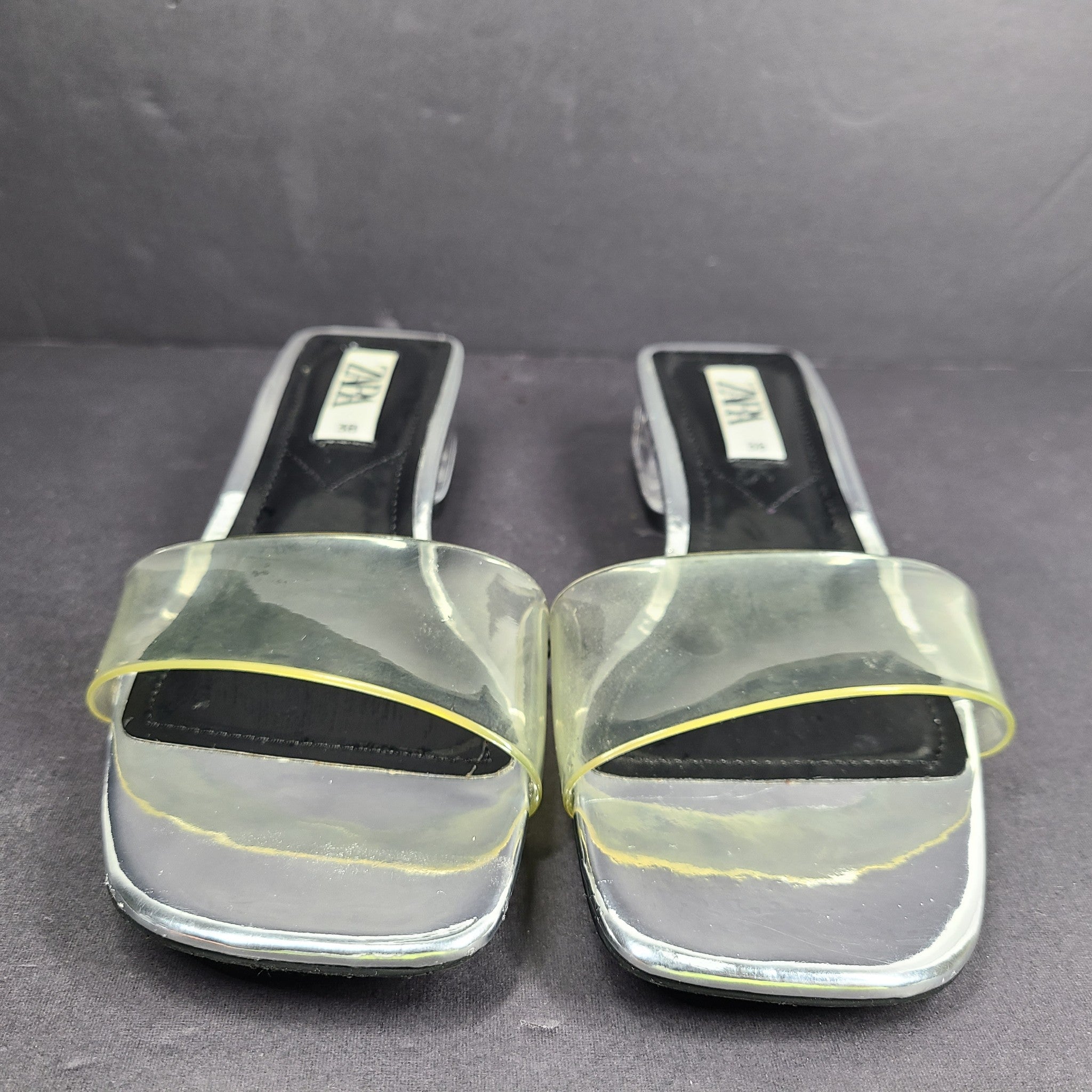 Zara Women's Transparent Clear Vinyl Sandals Square Toe Slides Silver 7.5