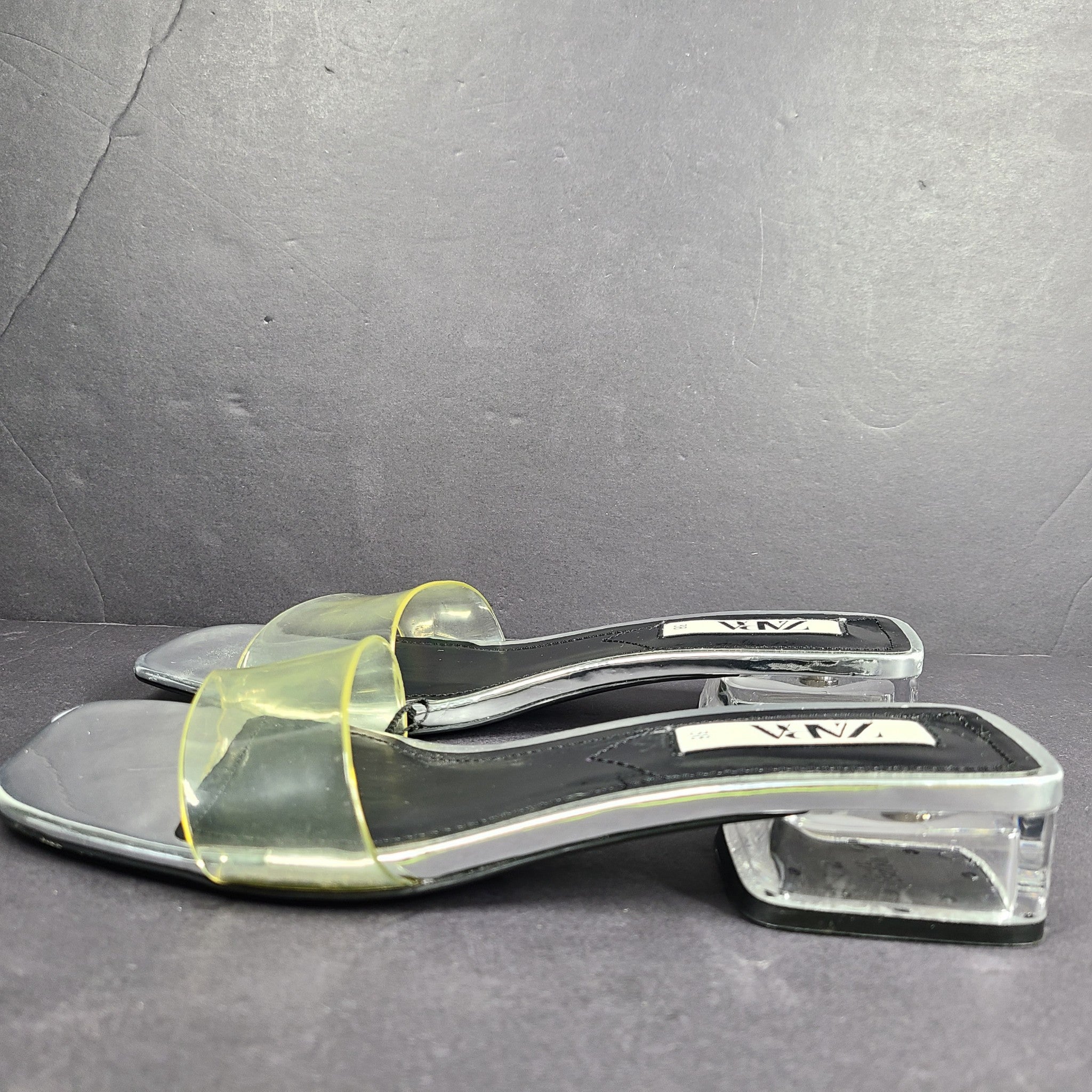 Zara Women's Transparent Clear Vinyl Sandals Square Toe Slides Silver 7.5
