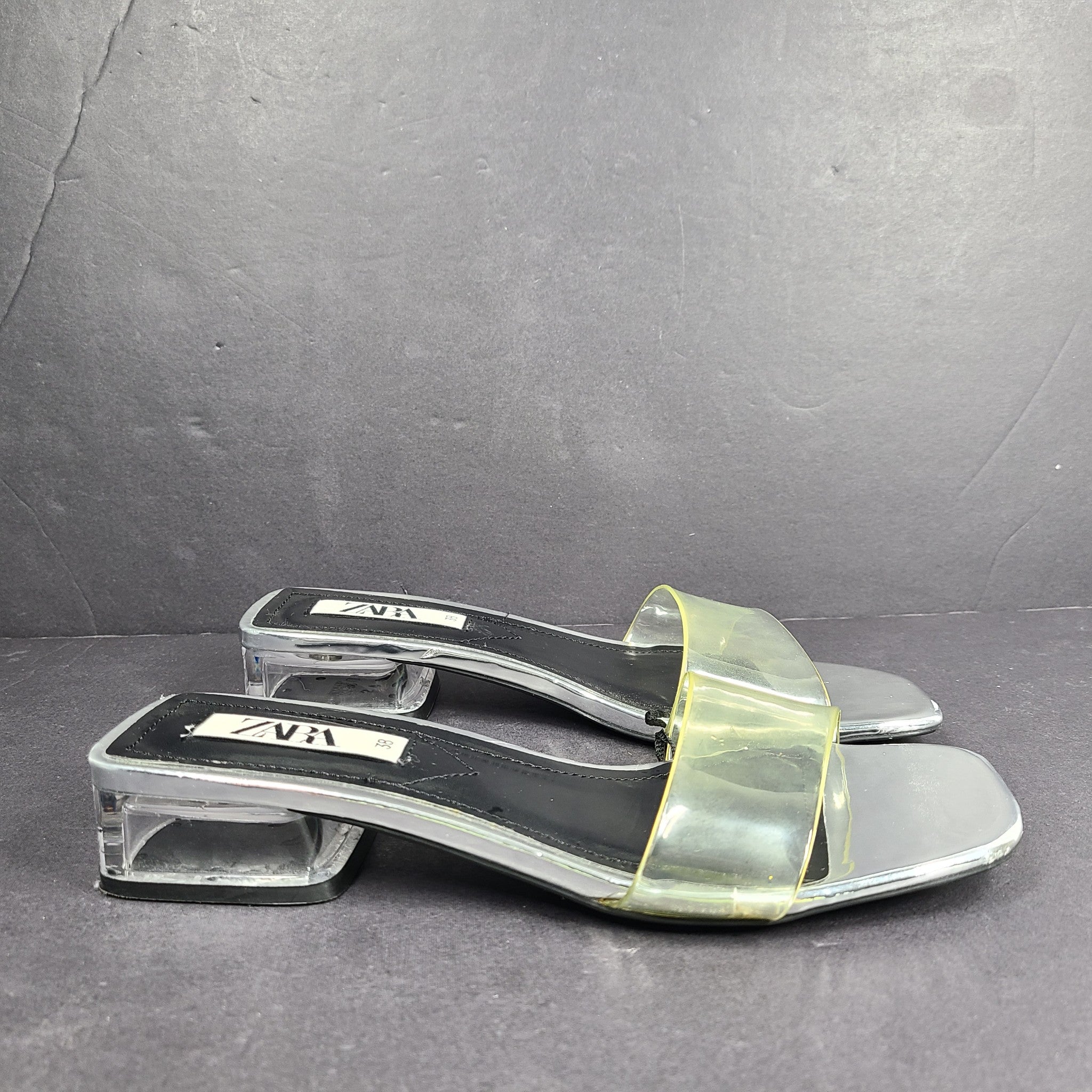 Zara Women's Transparent Clear Vinyl Sandals Square Toe Slides Silver 7.5