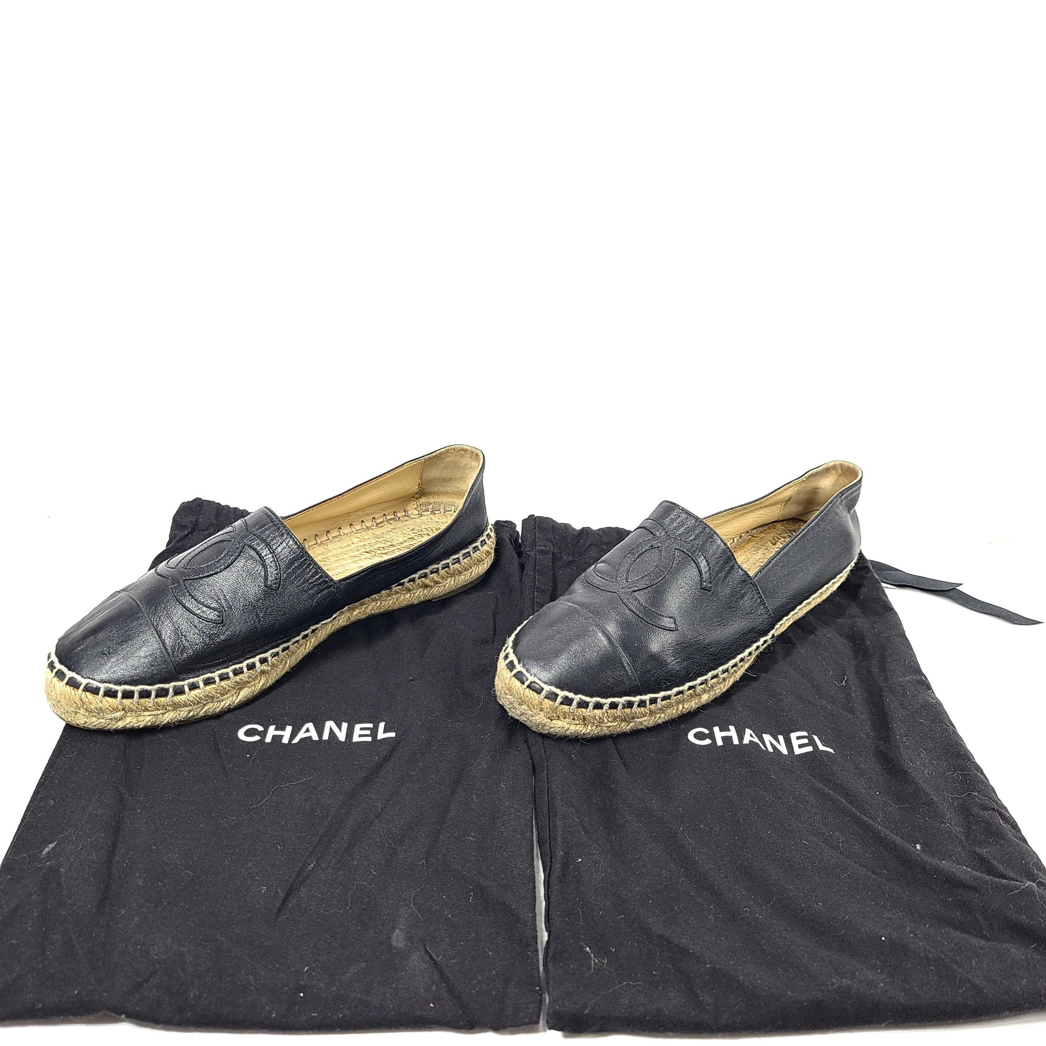 Chanel Espadrilles Lambskin Leather CC Cap Toe Shoes G29762 Black 38 NO INSOLES