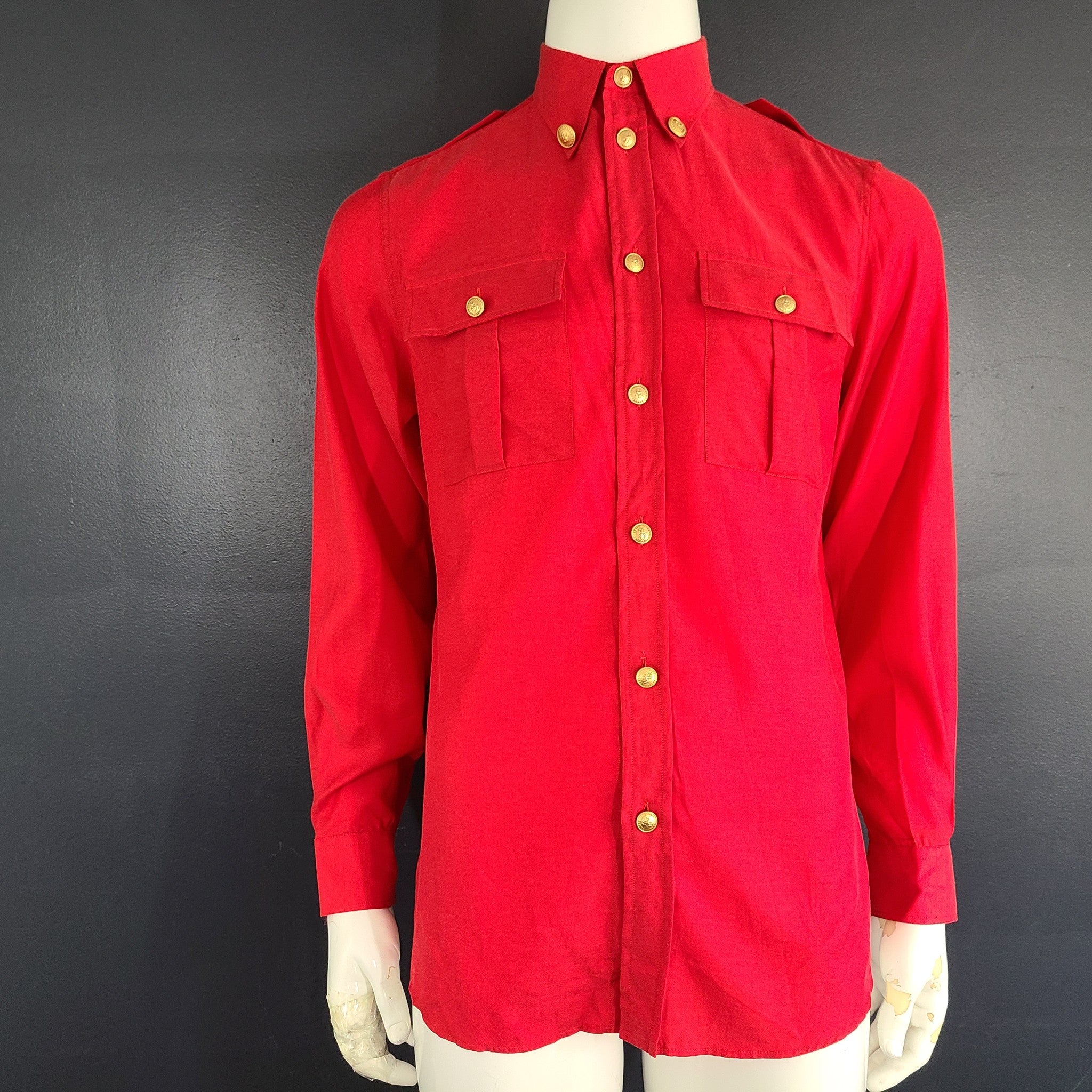 Gucci Men's Long Sleeve Shirt Gold Buttons Epaulettes Cupro 619032 Red Sz 46 (S)