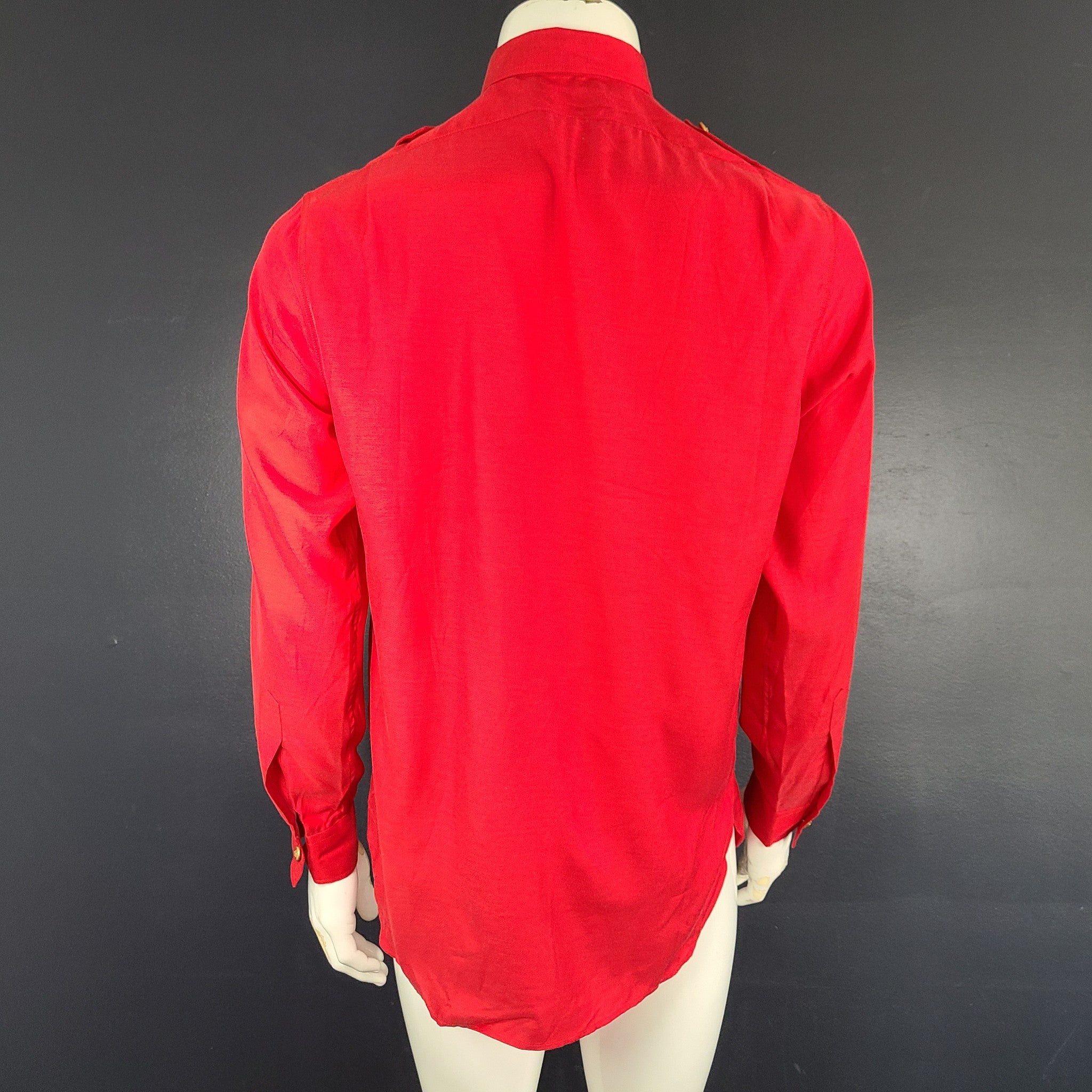 Gucci Men's Long Sleeve Shirt Gold Buttons Epaulettes Cupro 619032 Red Sz 46 (S)