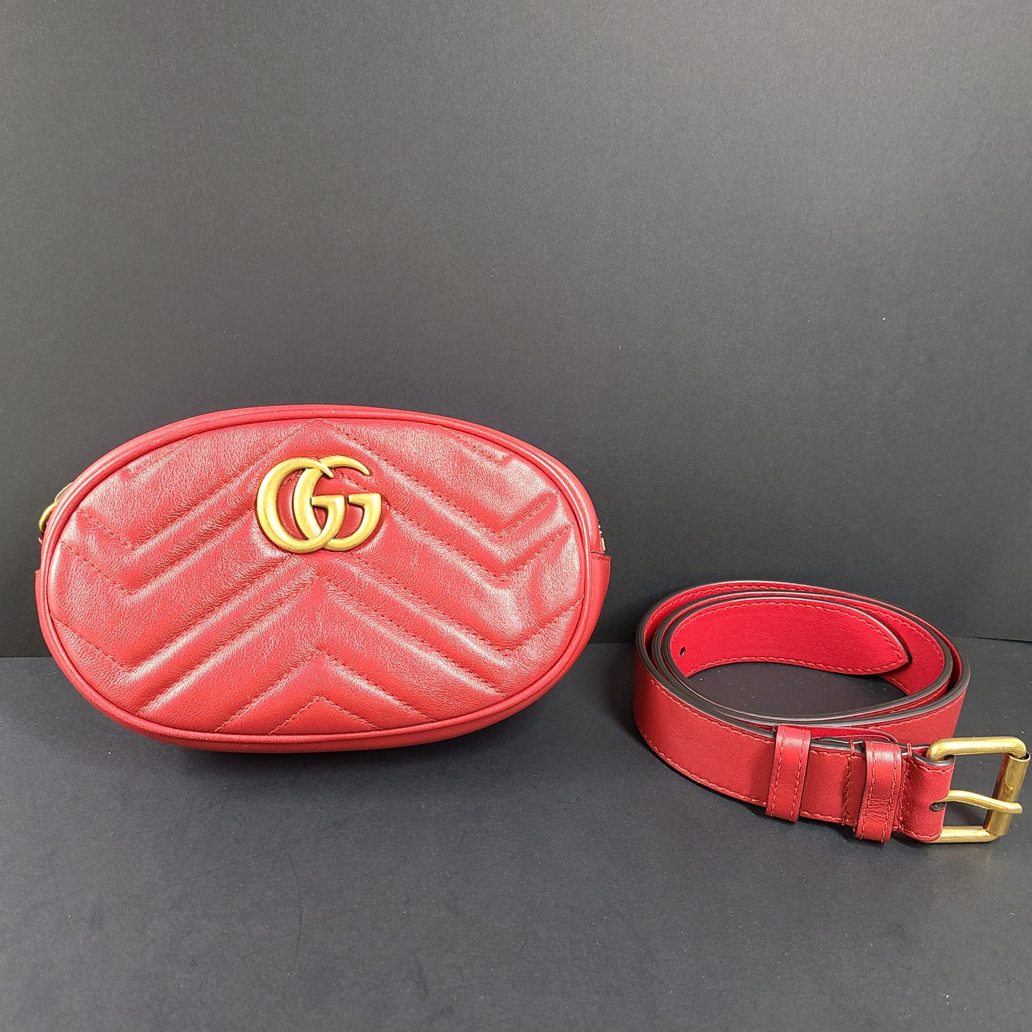 Gucci GG Marmont Belt Bag 476434 Shoulder Strap Calf Leather Red