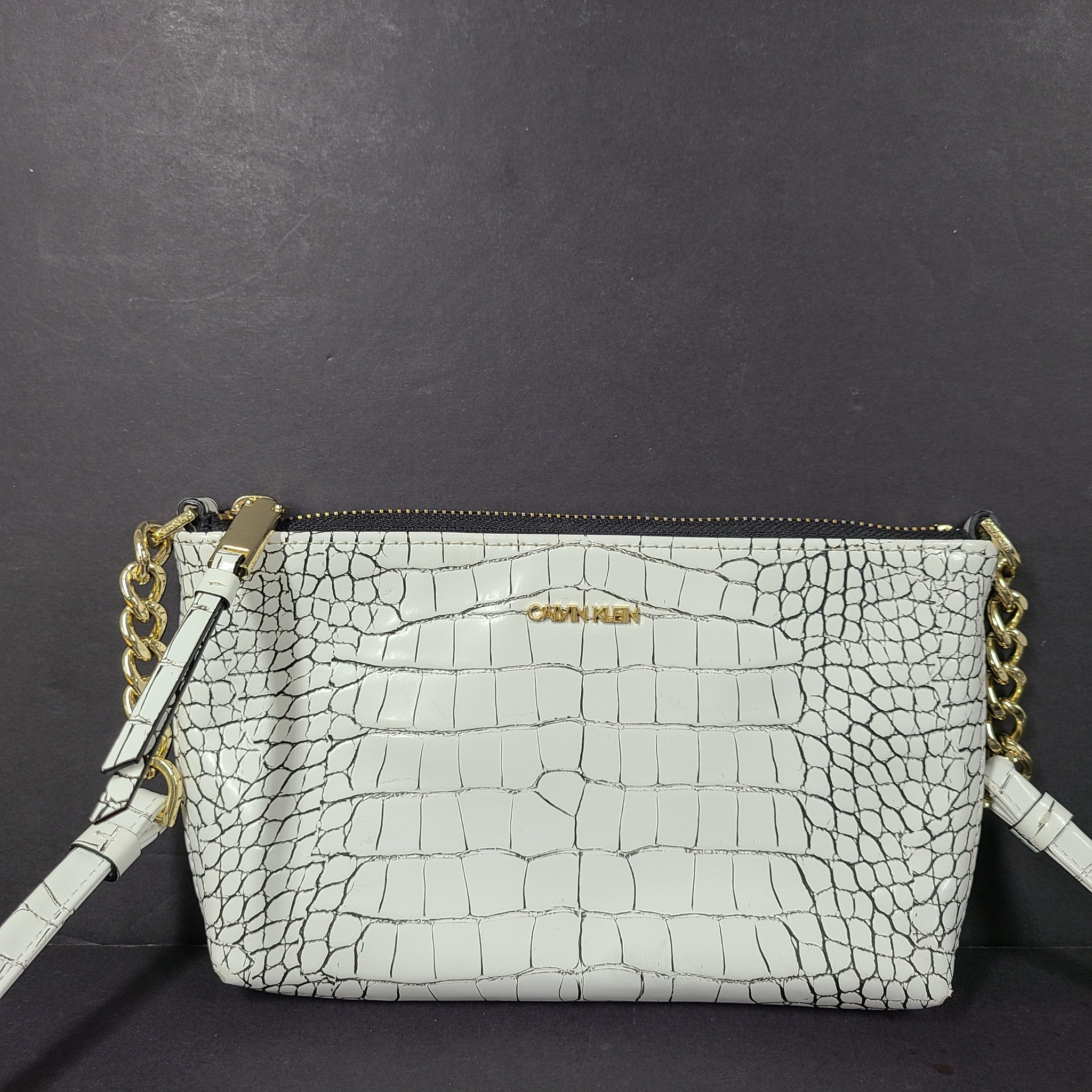 Calvin Klein Women's Small Crossbody Bag Croc Embossed Vegan Leather White