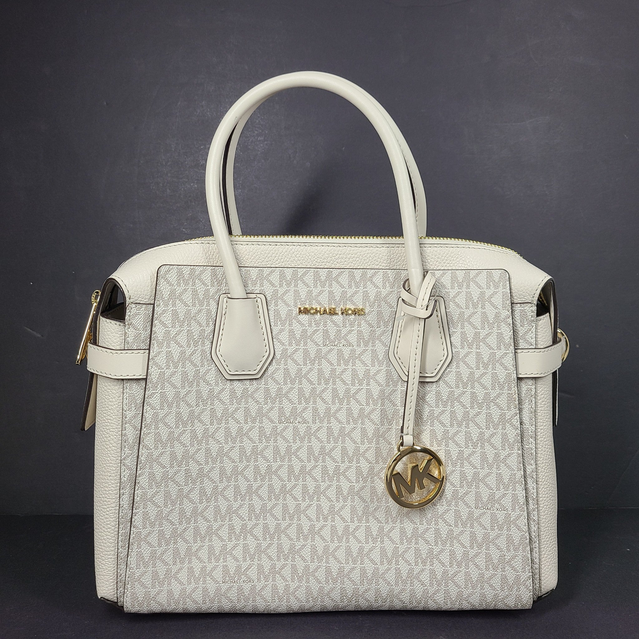Michael Kors Mercer Belted Large Satchel Crossbody Leather Handbag Beige Cream