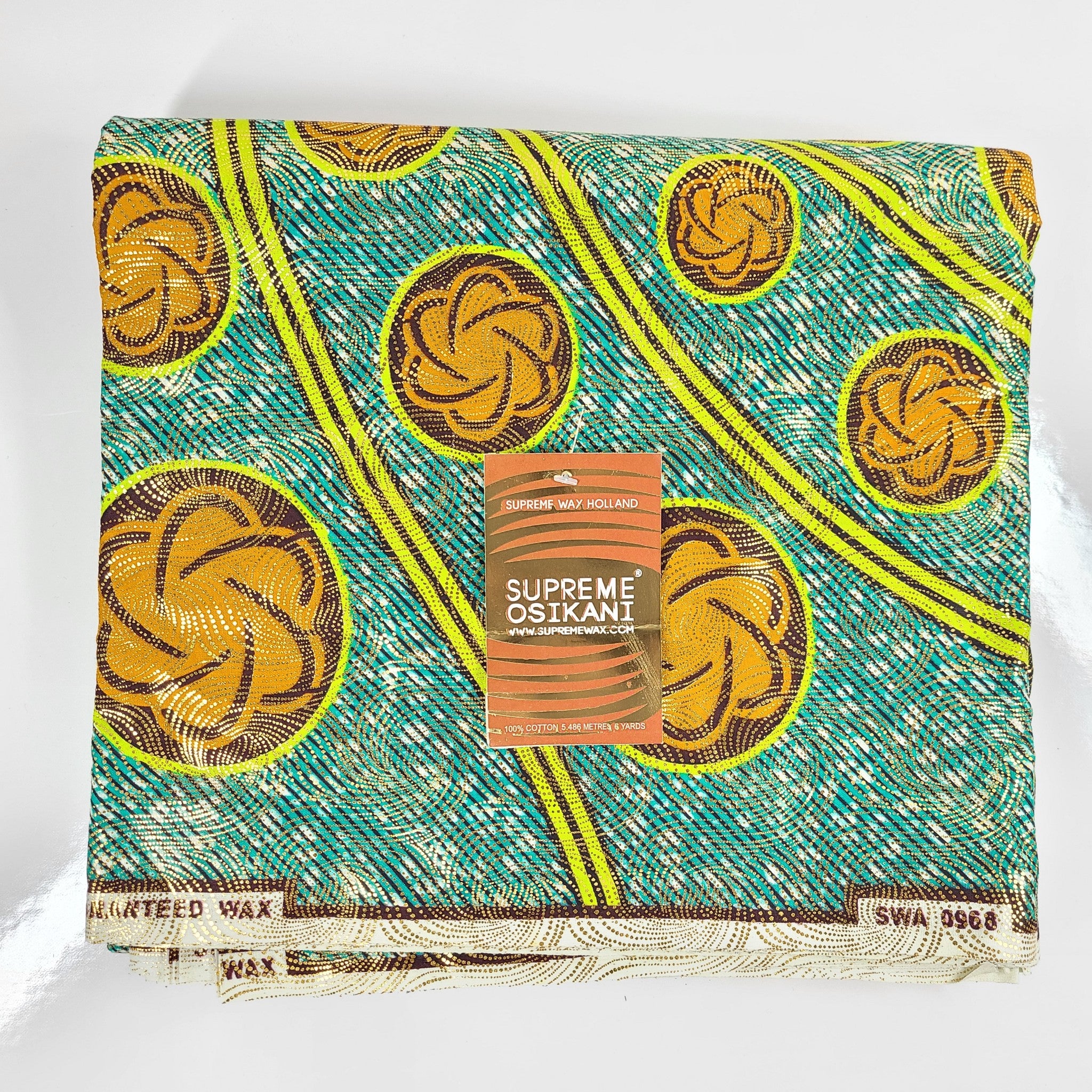 Supreme Wax Osikani Dutch Wax Print Cotton Fabric Gold Dots Green 6 Yds