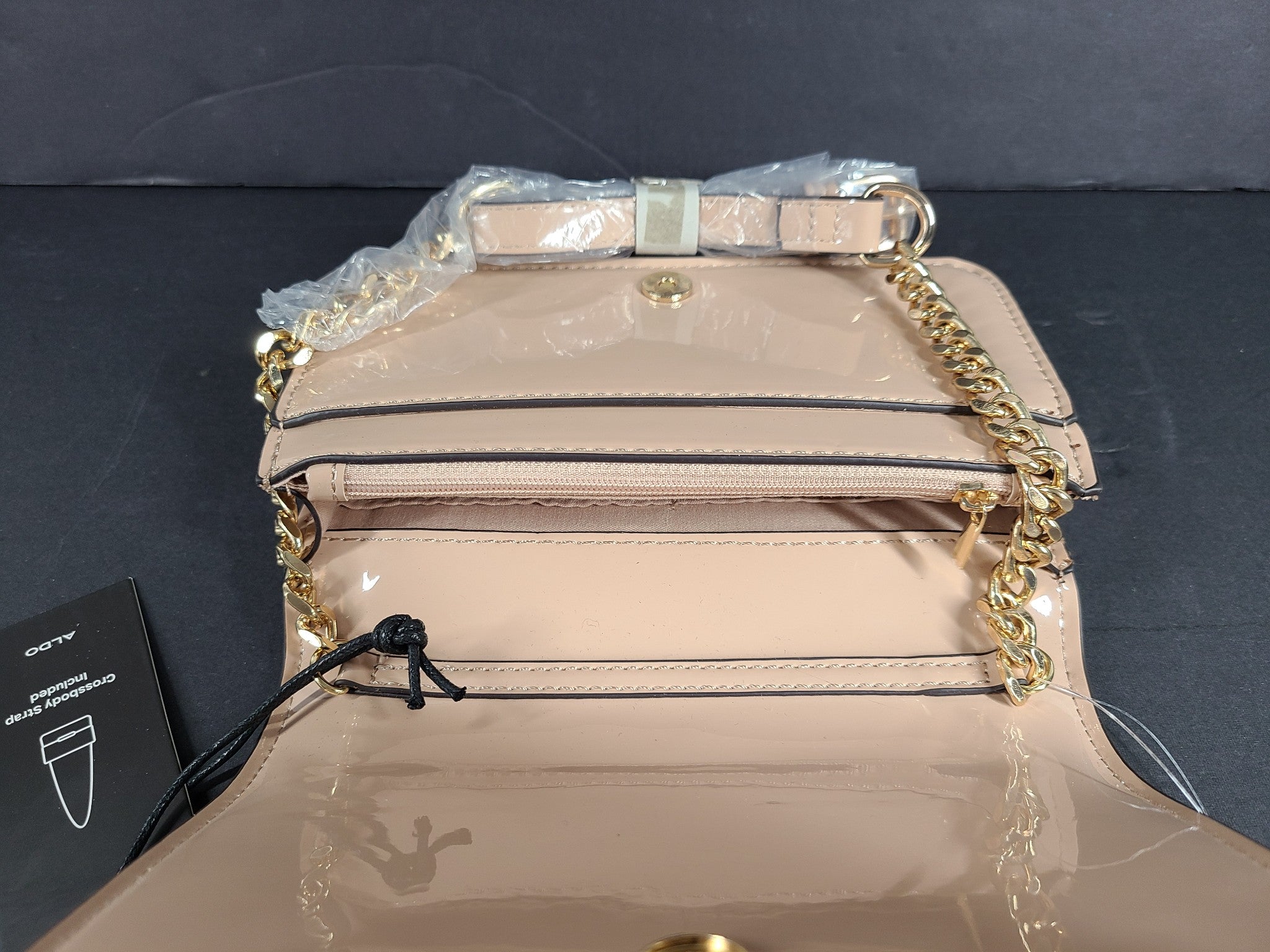 Aldo Women's Lukasha Crossbody Bag Handbag Purse Gold Strap Faux Patent Beige