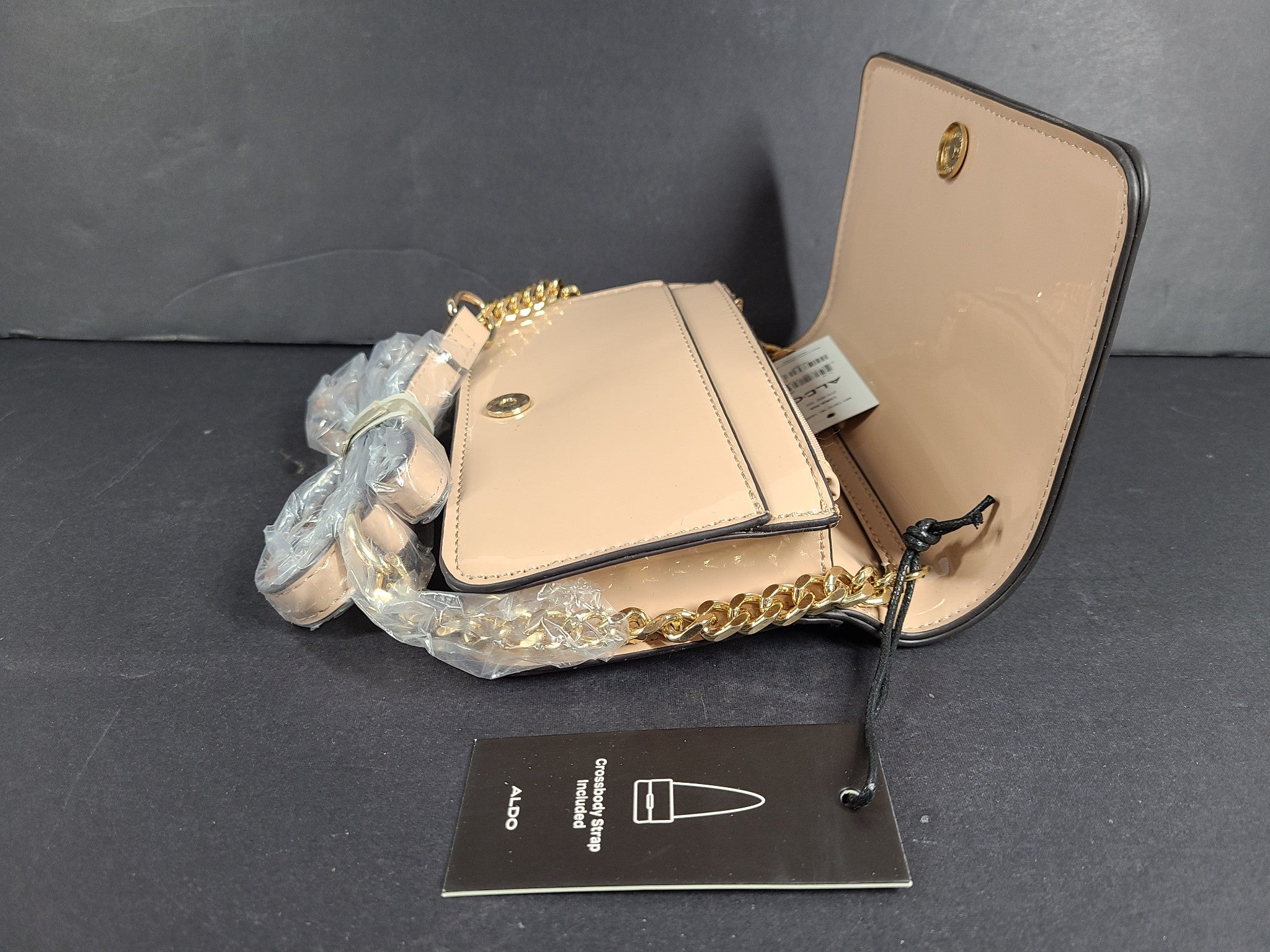 Aldo Women's Lukasha Crossbody Bag Handbag Purse Gold Strap Faux Patent Beige