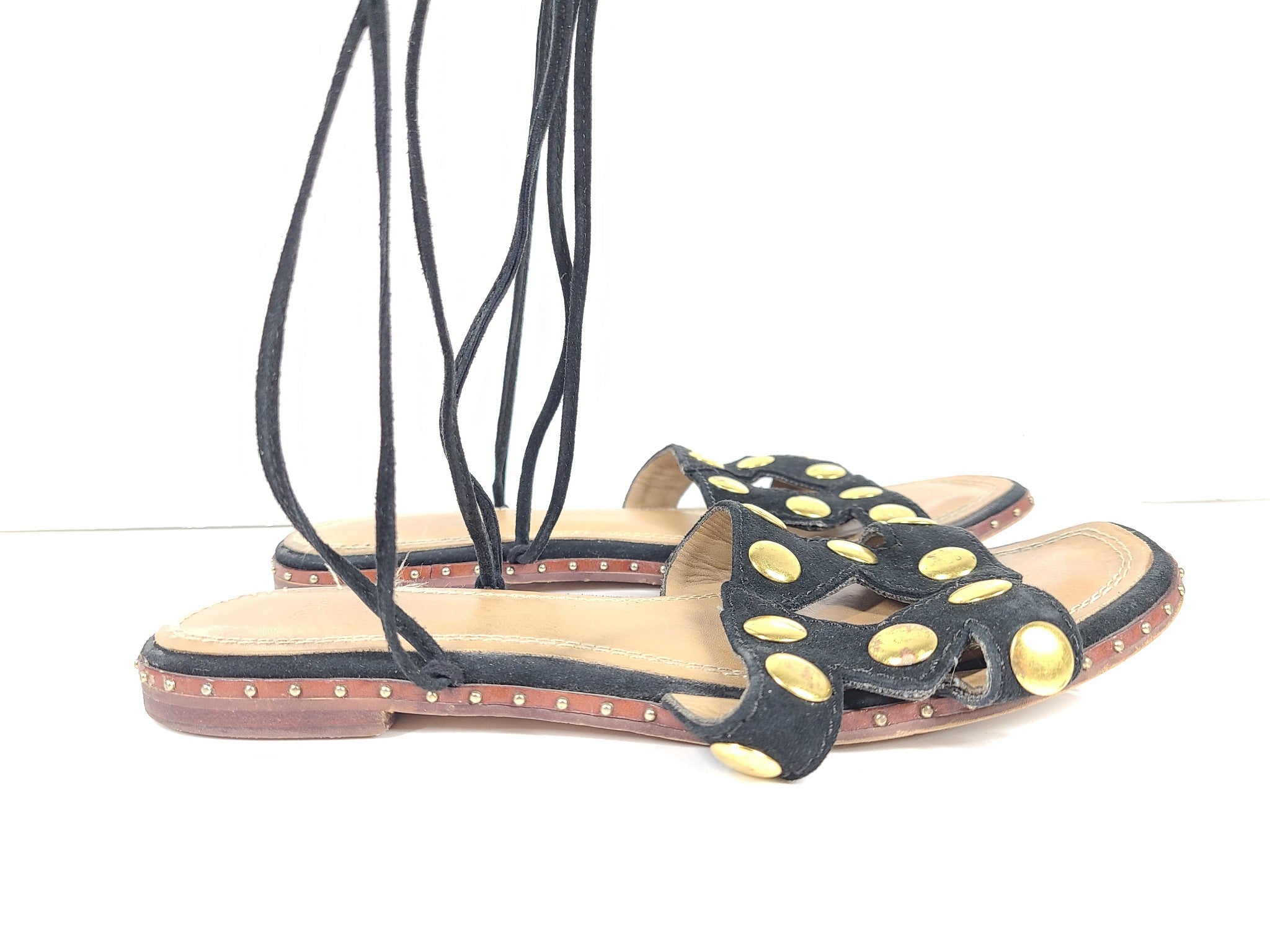 Maje Women's Suede Studded Lace-Up Sandals Flats Black Sz 7.5