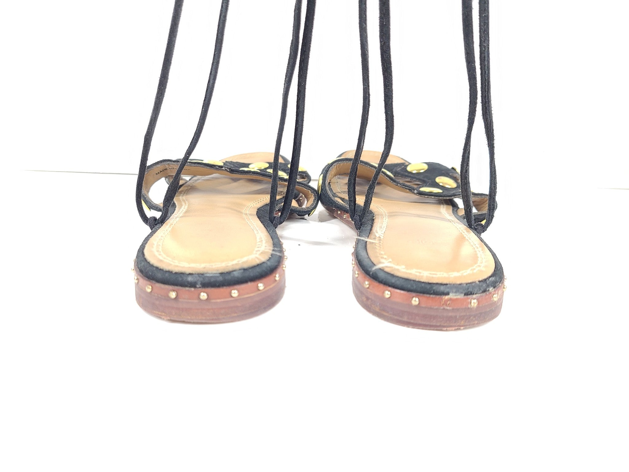 Maje Women's Suede Studded Lace-Up Sandals Flats Black Sz 7.5