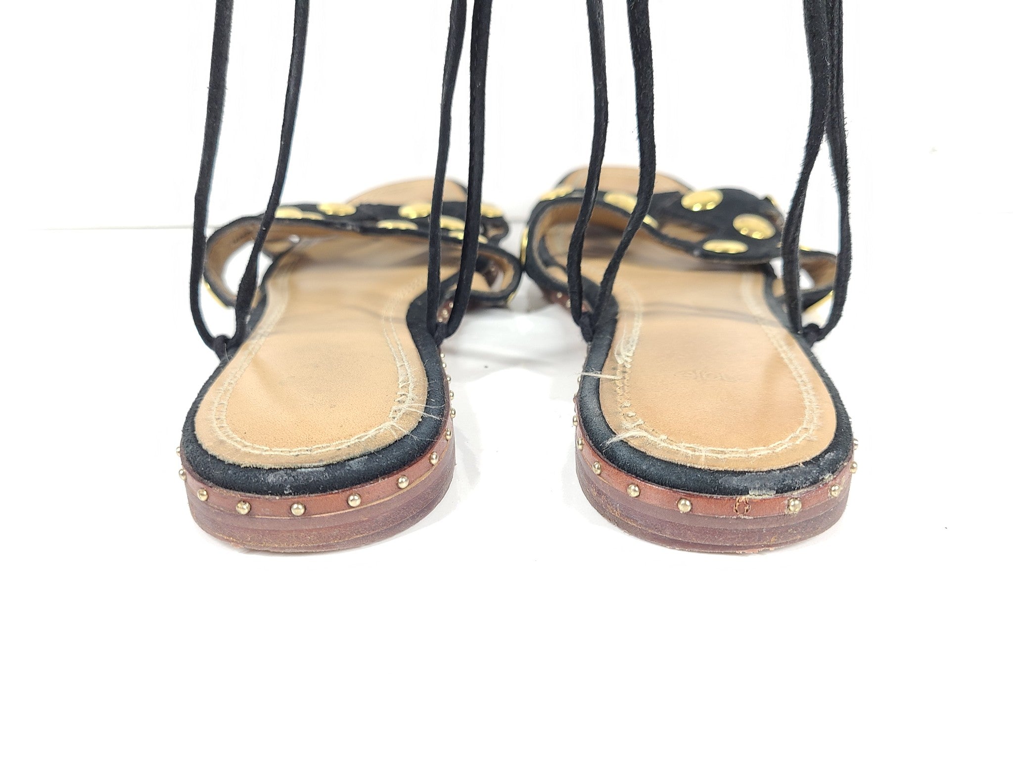 Maje Women's Suede Studded Lace-Up Sandals Flats Black Sz 7.5