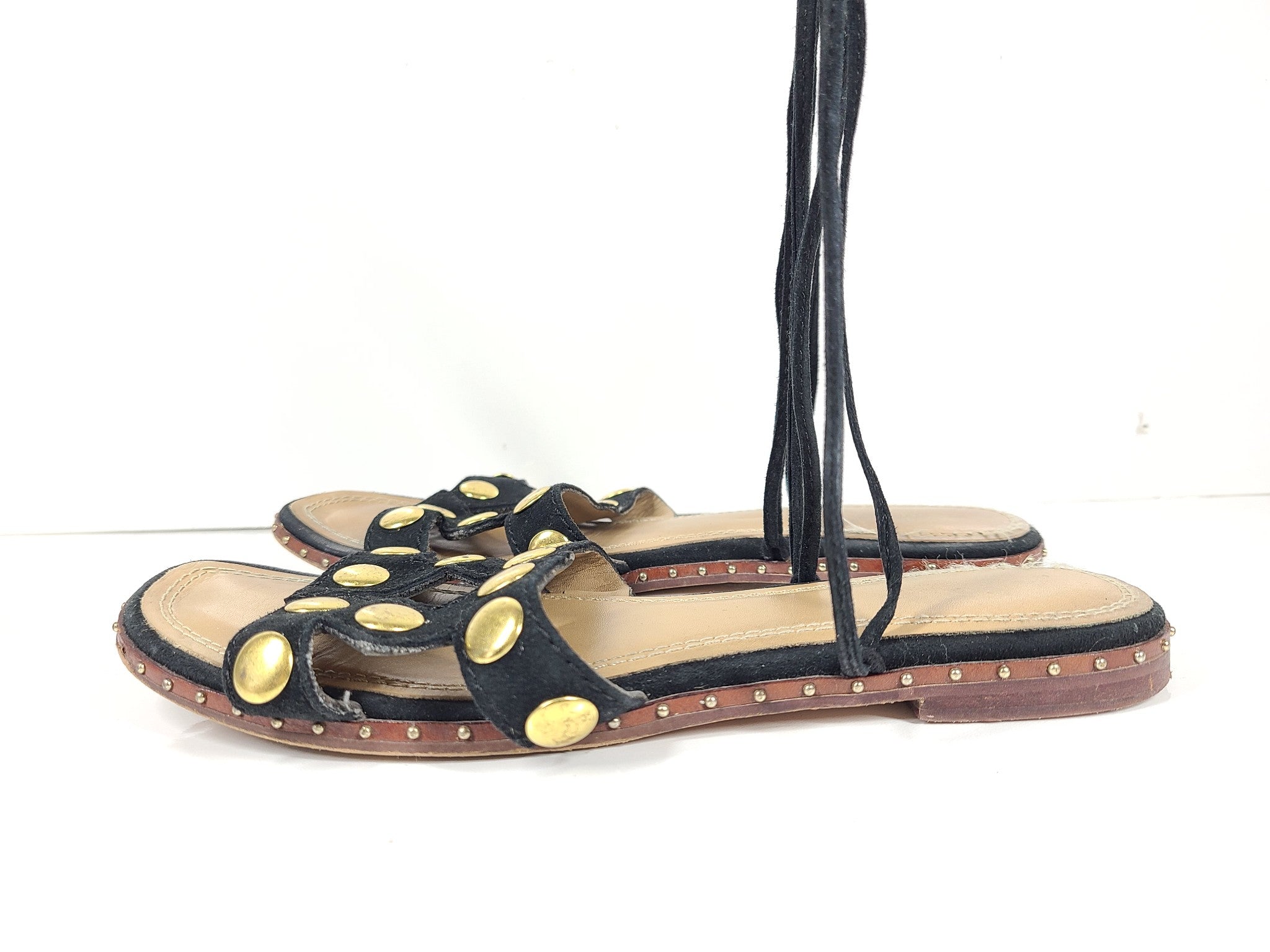 Maje Women's Suede Studded Lace-Up Sandals Flats Black Sz 7.5