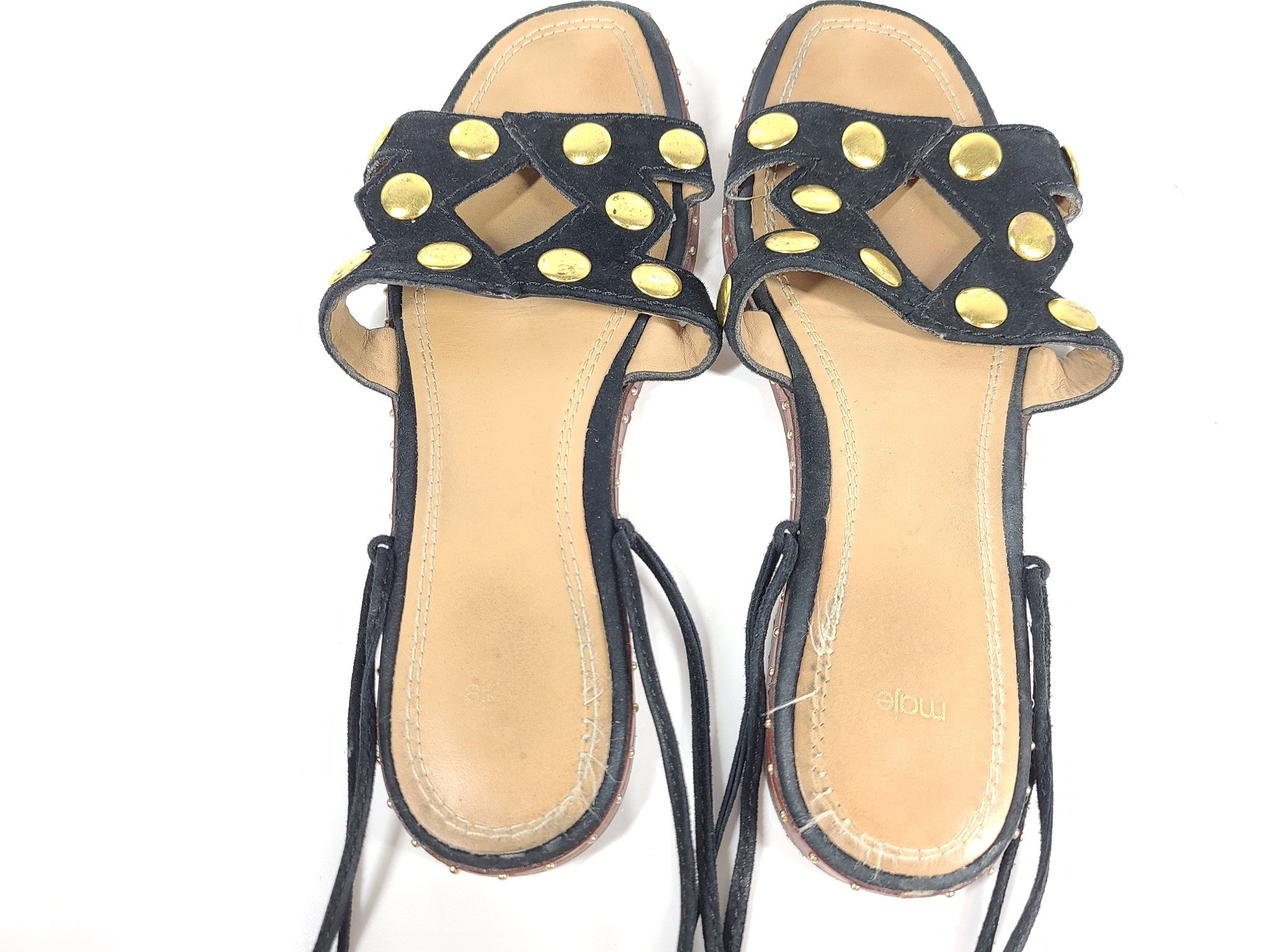 Maje Women's Suede Studded Lace-Up Sandals Flats Black Sz 7.5