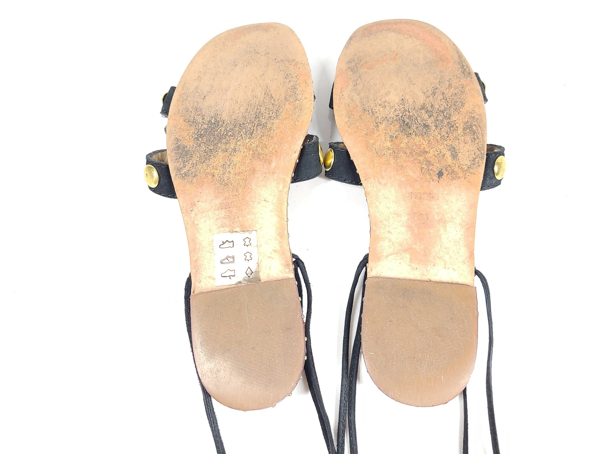 Maje Women's Suede Studded Lace-Up Sandals Flats Black Sz 7.5