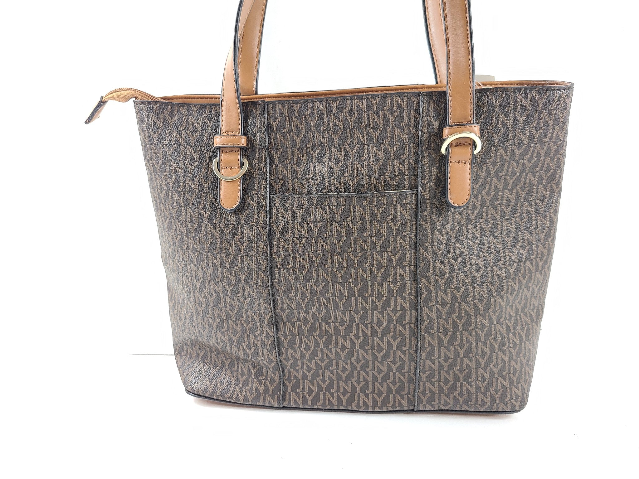 Jones New York Shoulder Monogram Print Medium Size Tote Bag Purse Brown