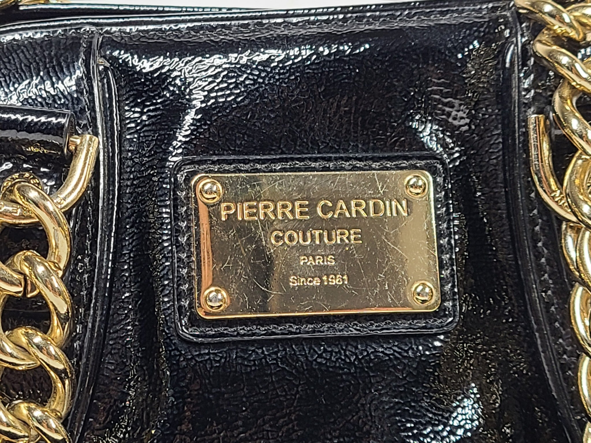 Pierre Cardin Couture Vintage Patent Leather Shoulder Bag Large Chain Black