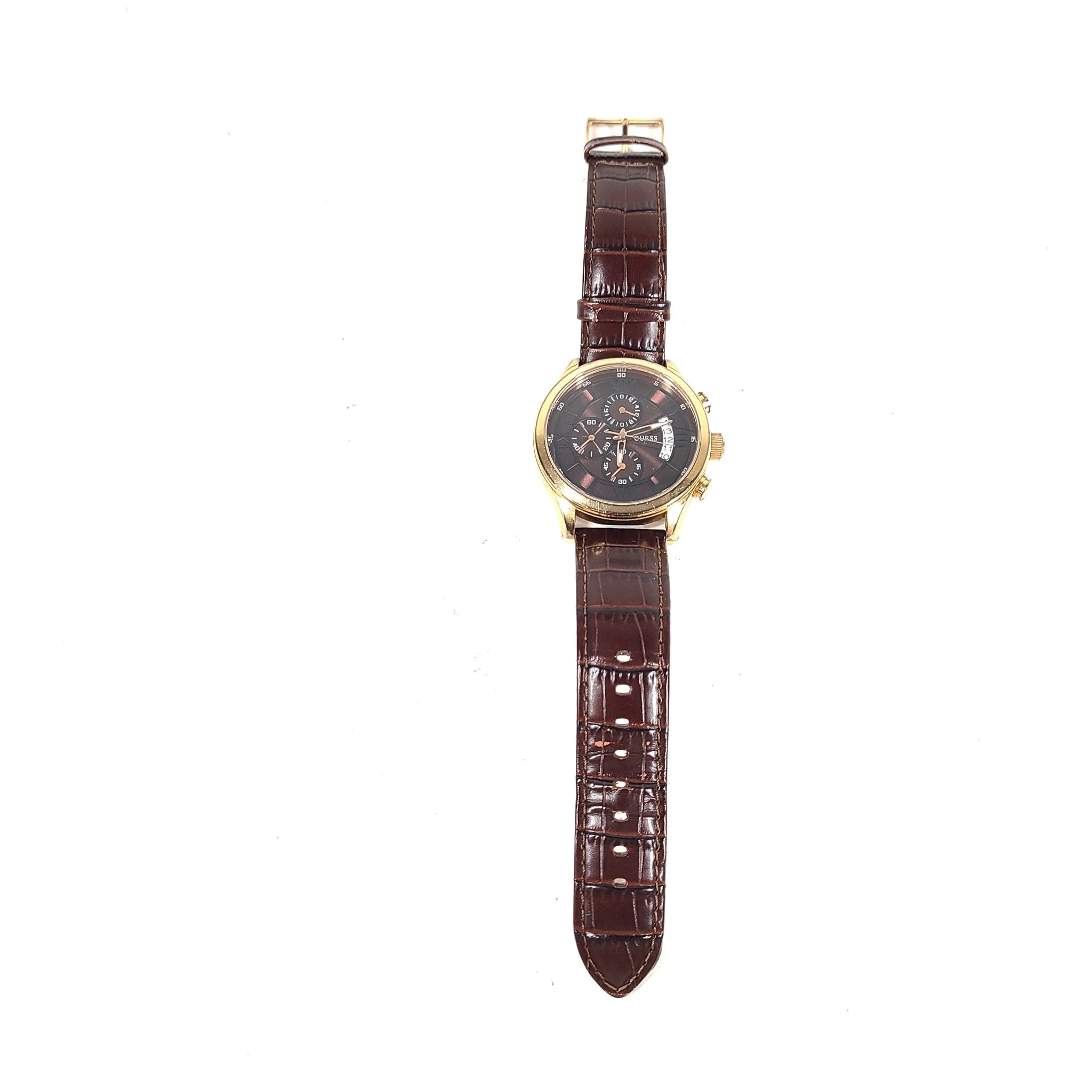 GUESS Men's Croco Brown Leather W14052G2 Chronograph Dress Watch Gold-Tone Brown