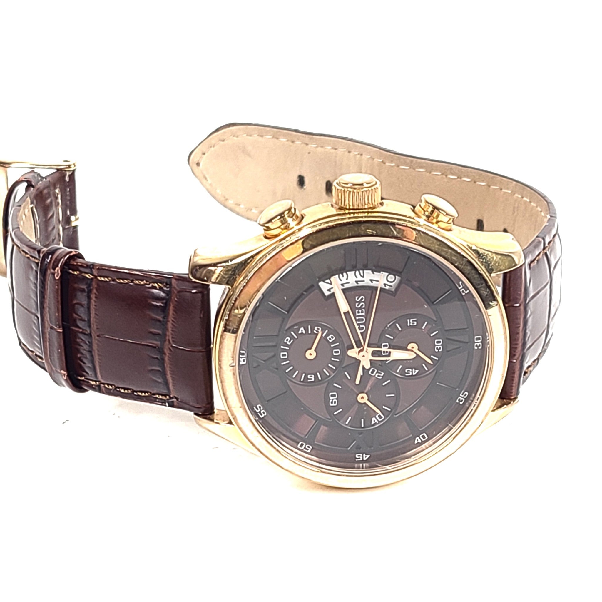 GUESS Men's Croco Brown Leather W14052G2 Chronograph Dress Watch Gold-Tone Brown