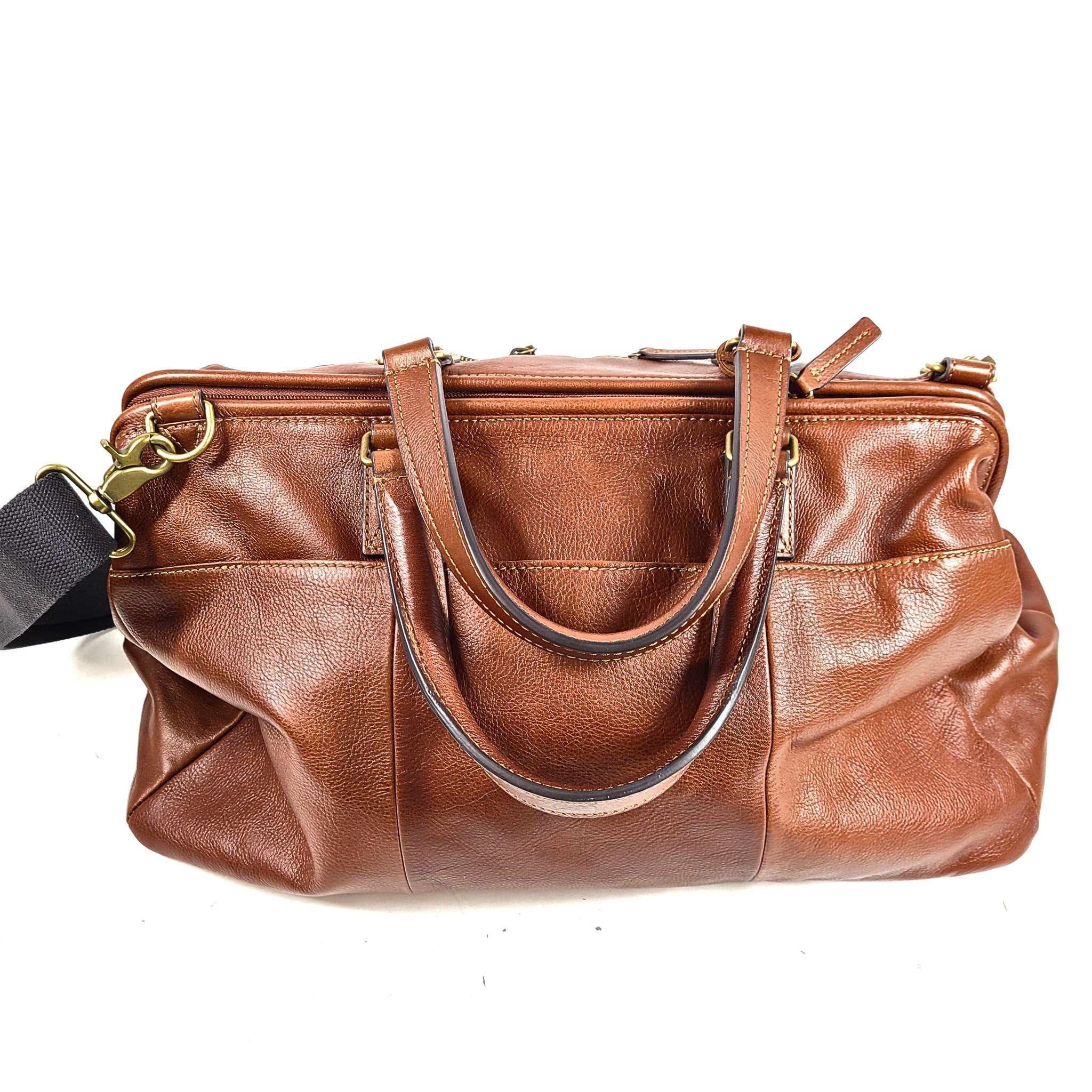 Fossil Men's Defender Framed Leather Duffel Bag Large w/ Pockets Cognac Brown